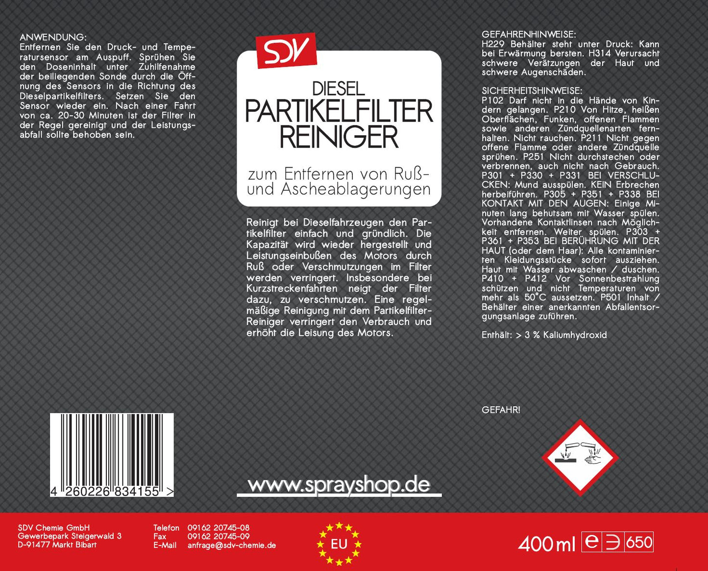 Dieselpartikelfilterreiniger 400ml AGR DPF Reiniger mit Sonde Etikett