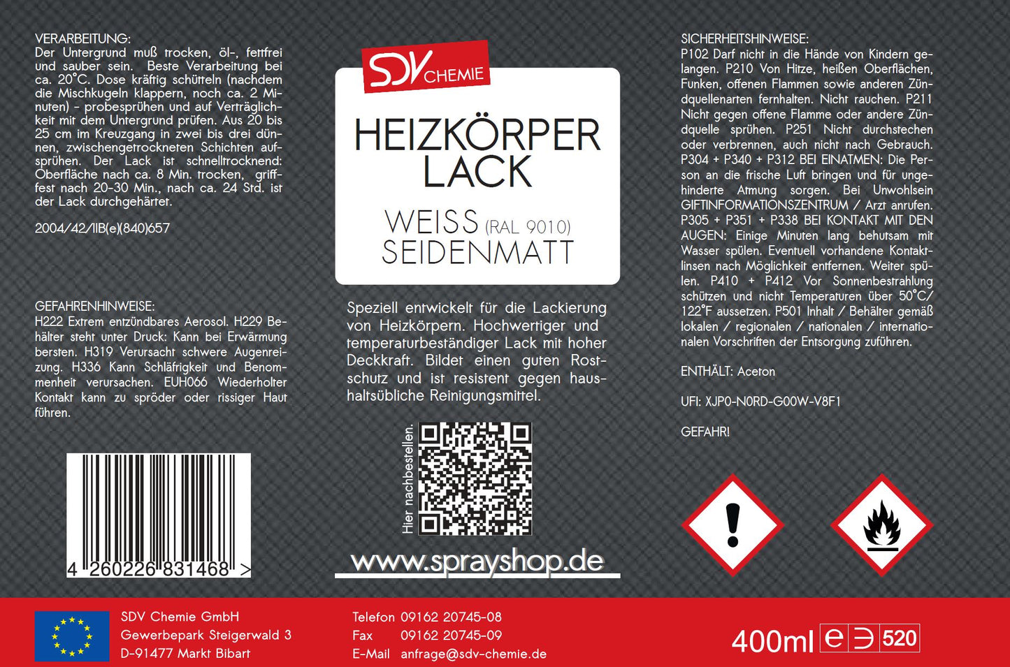 Heizkörperlack weiss seidenmatt 1x 400ml RAL 9010 Radiator