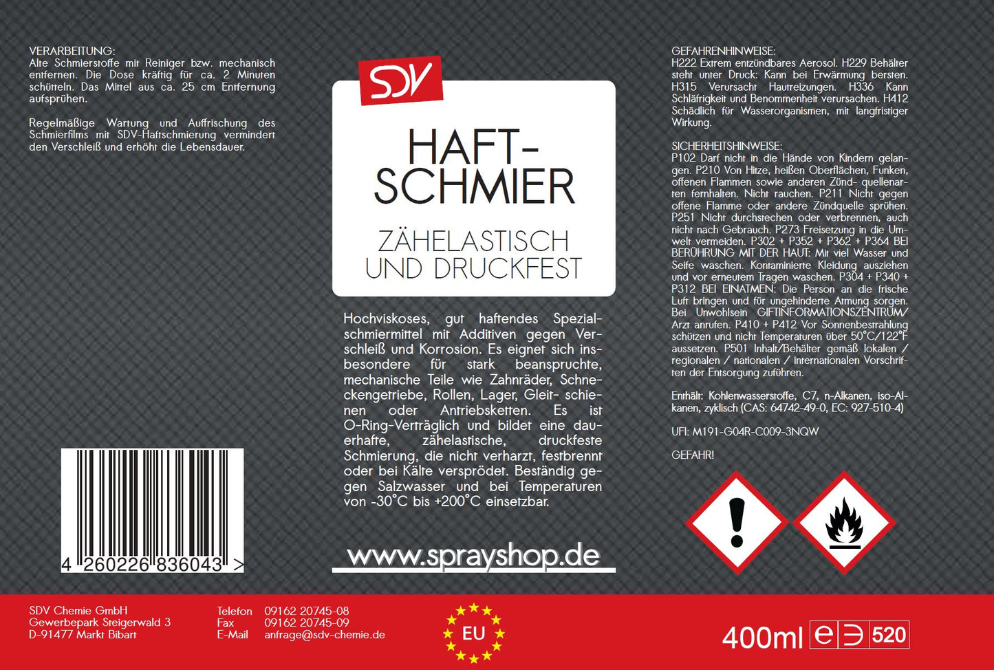 Haftschmierspray 400ml Kettenspray Haftschmierfett Haftschmierung Etikett