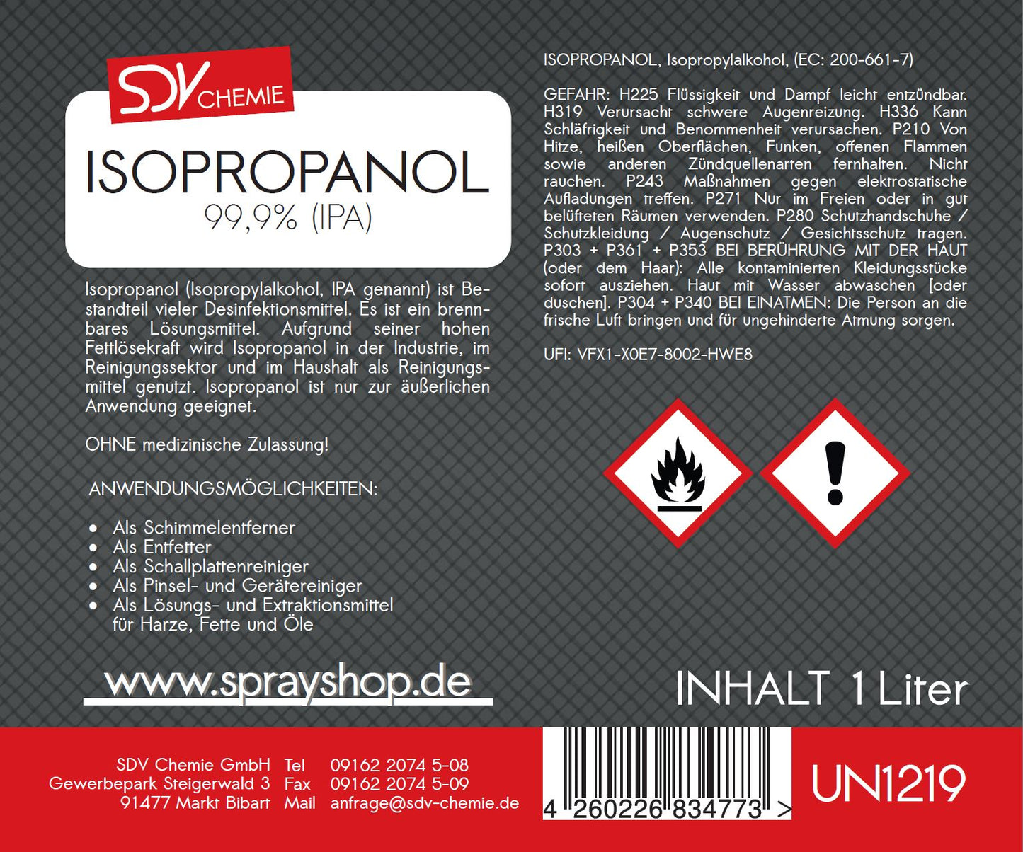 Isopropanol 1 Liter Isopropylalkohol IPA 2-Propanol 99,9% Etikett