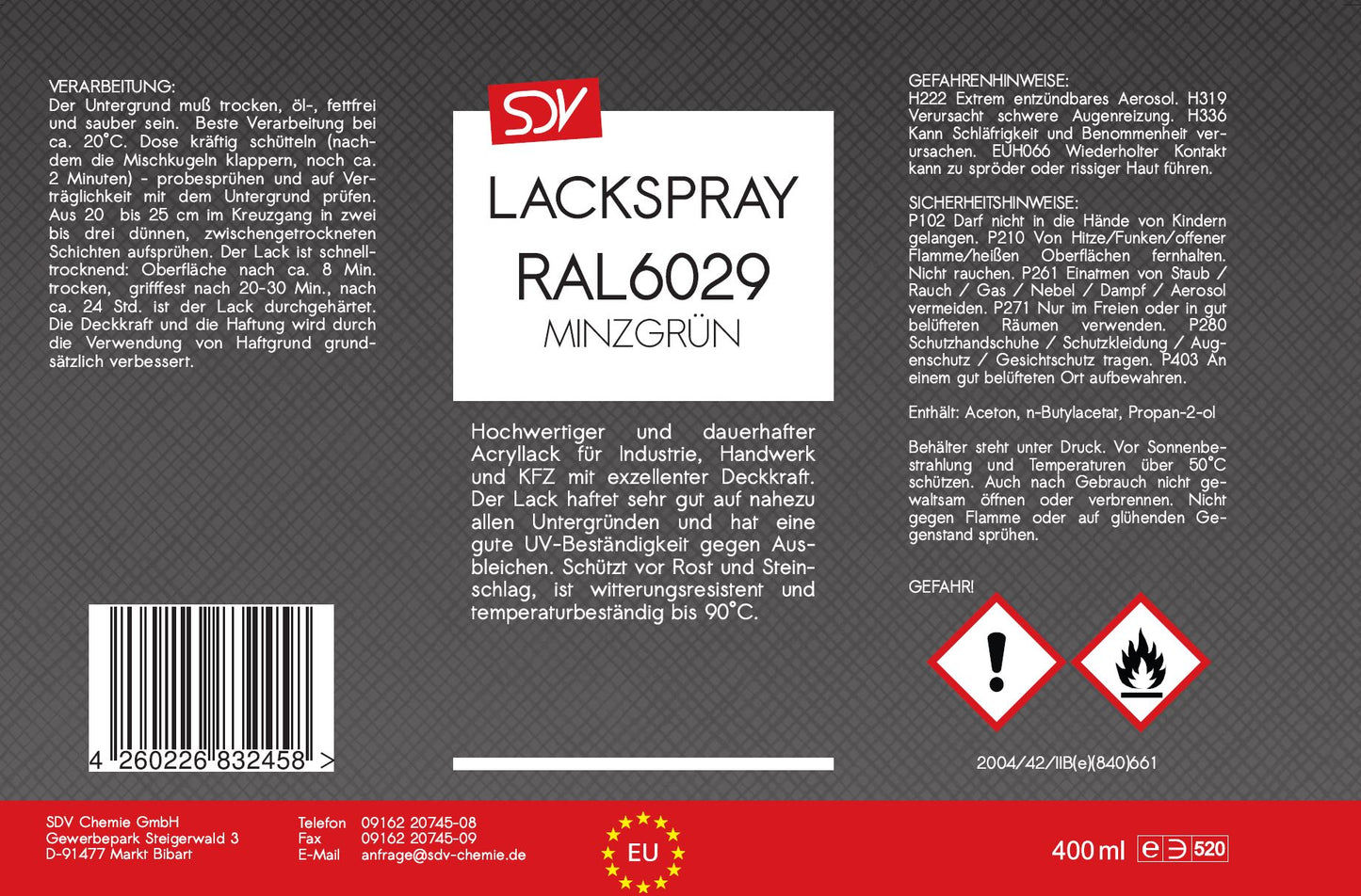 Lackspray RAL 6029 MINZGRÜN glänzend 400ml Acryllack Etikett