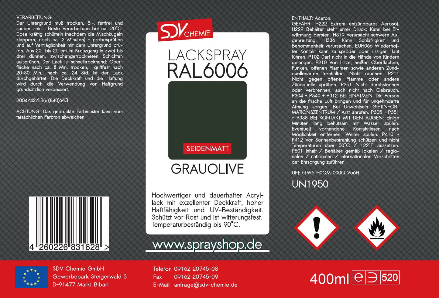Lackspray RAL 6006 GRAUOLIVE seidenmatt 400ml Acryllack Etikett