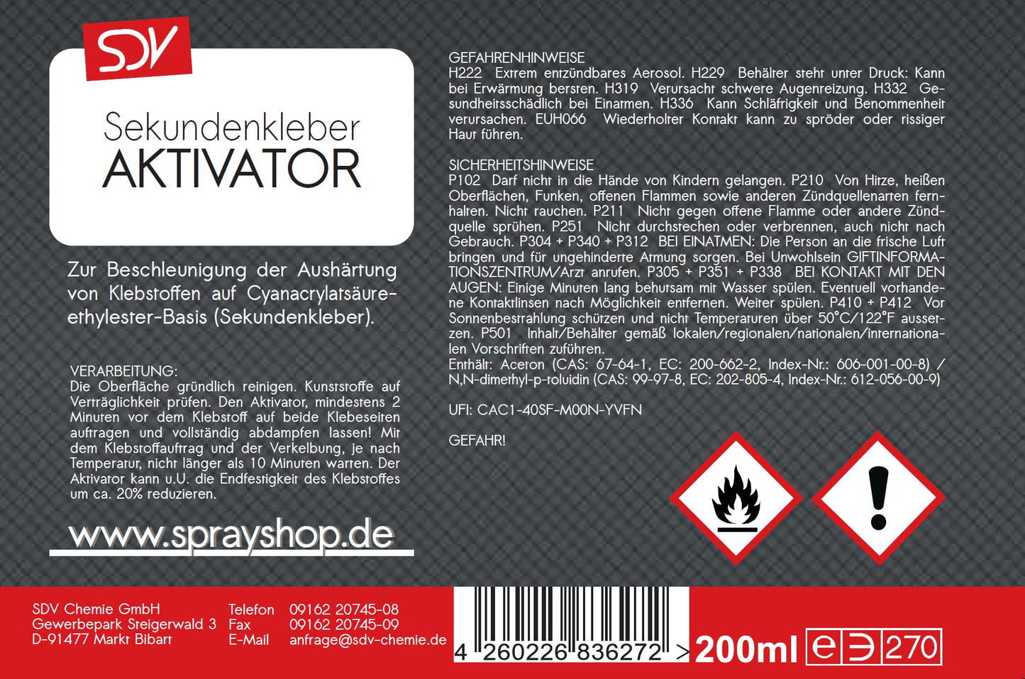 Aktivator für Sekundenkleber 200ml Cyanacrylat CA-Aktivator Etikett