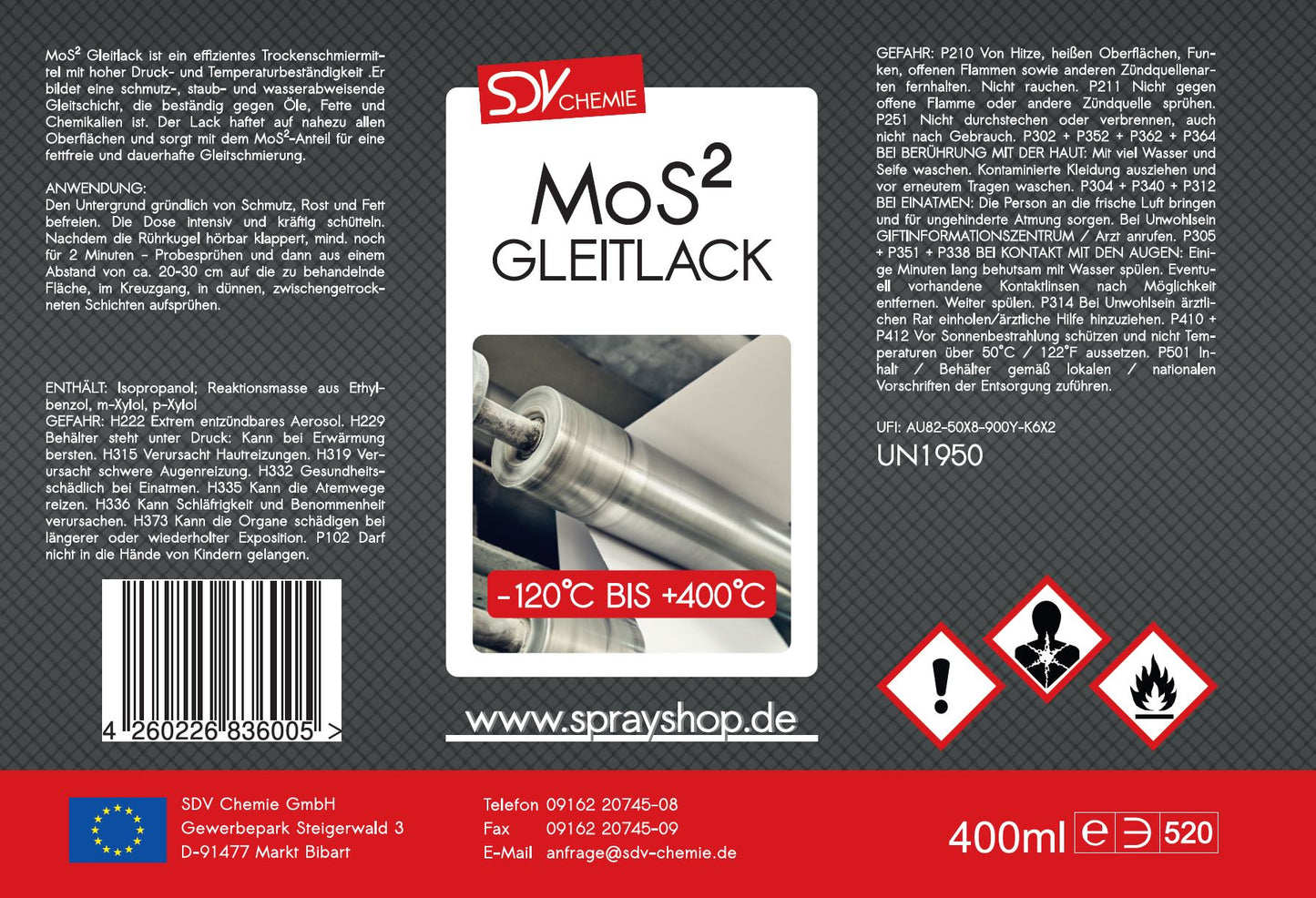 MoS² Gleitlack 400ml Trockenschmierstoff Trockengleitspray Etikett