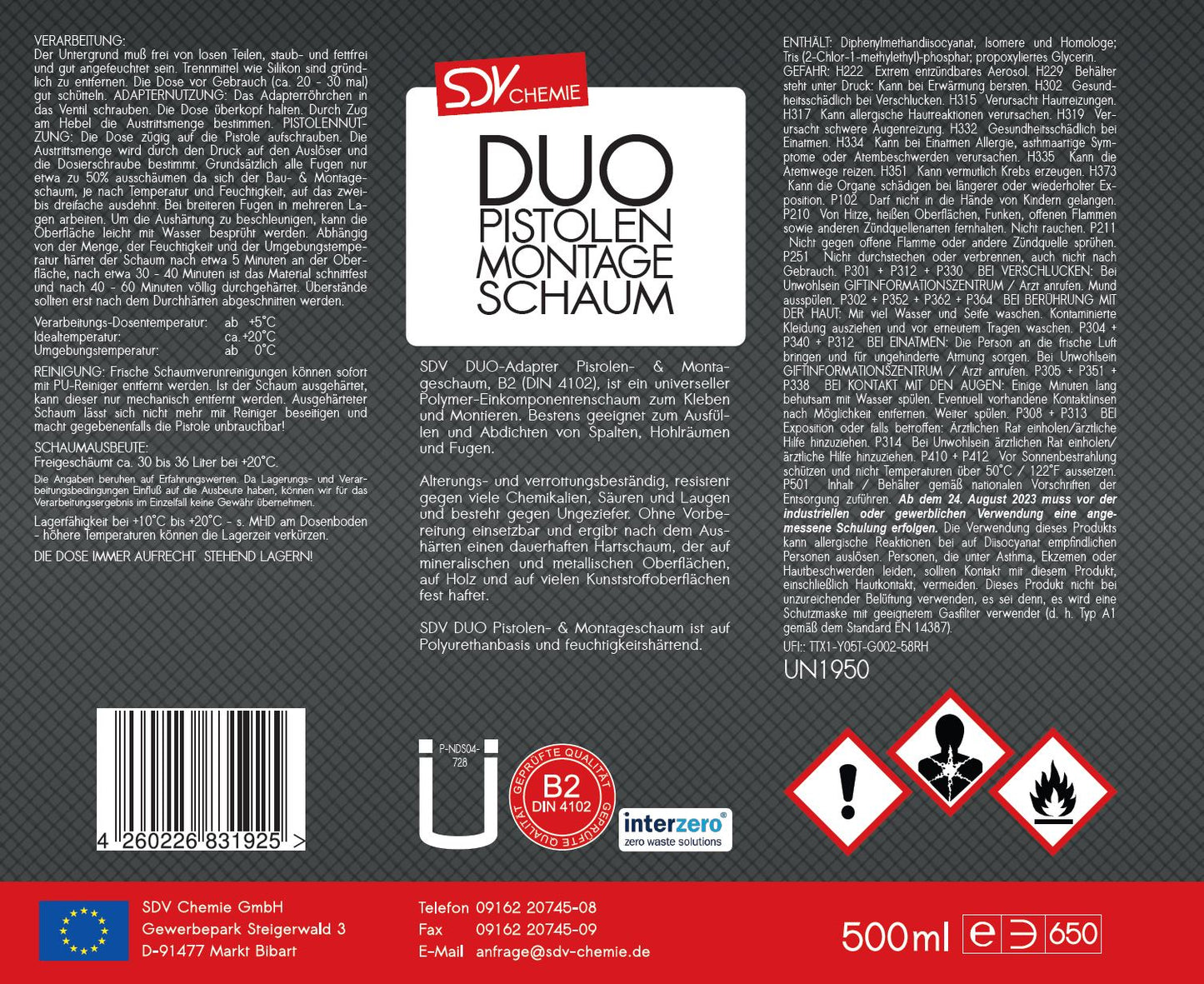 DUO Pistolen Montage Schaum B2 500ml 2-in-1-System Bauschaum Etikett
