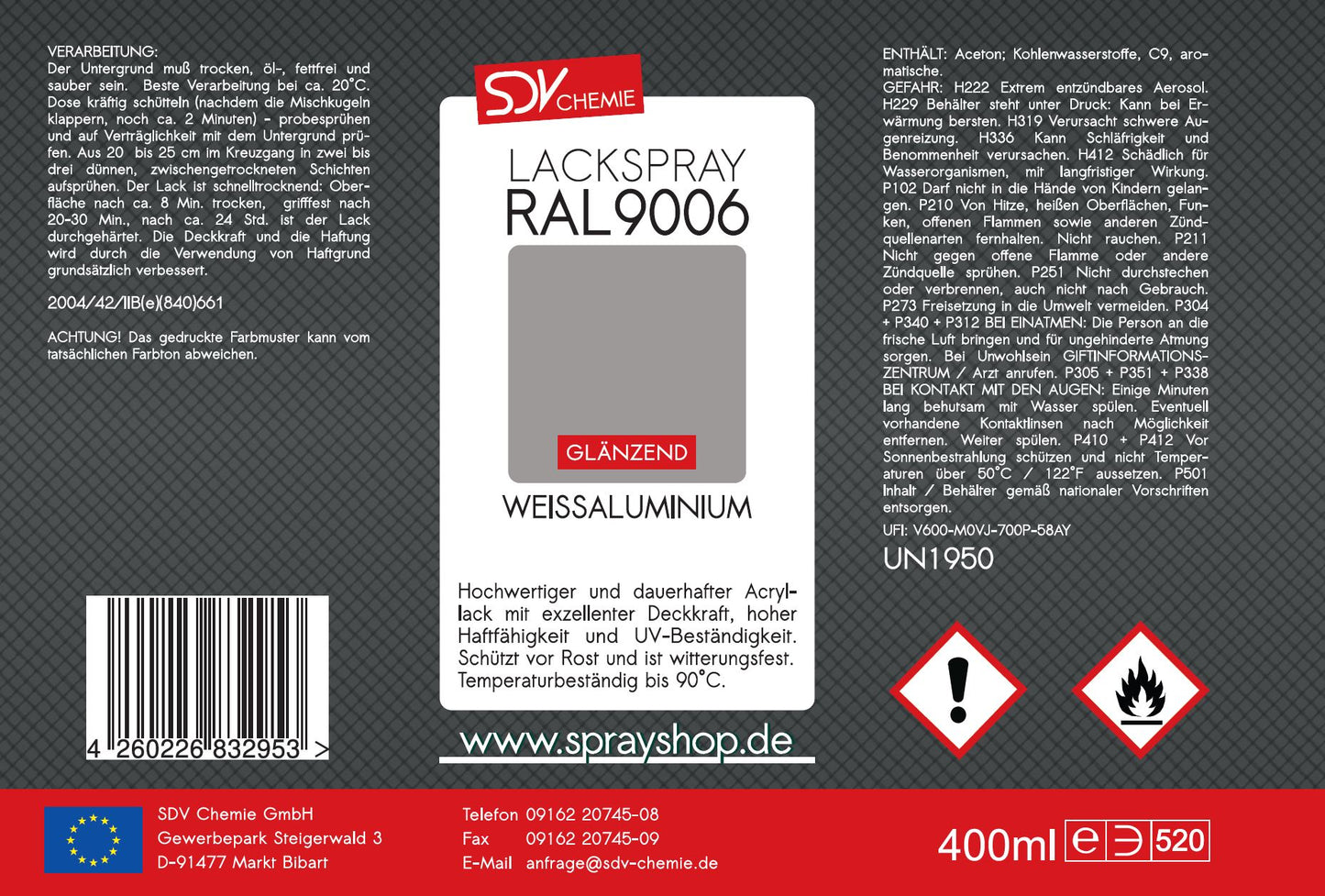 Lackspray RAL 9006 WEISSALUMINIUM glänzend 6x 400ml Acryllack