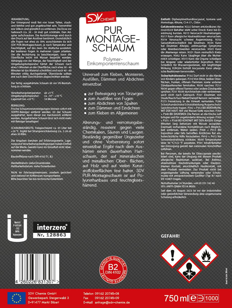 Montageschaum B2 750ml Etikett