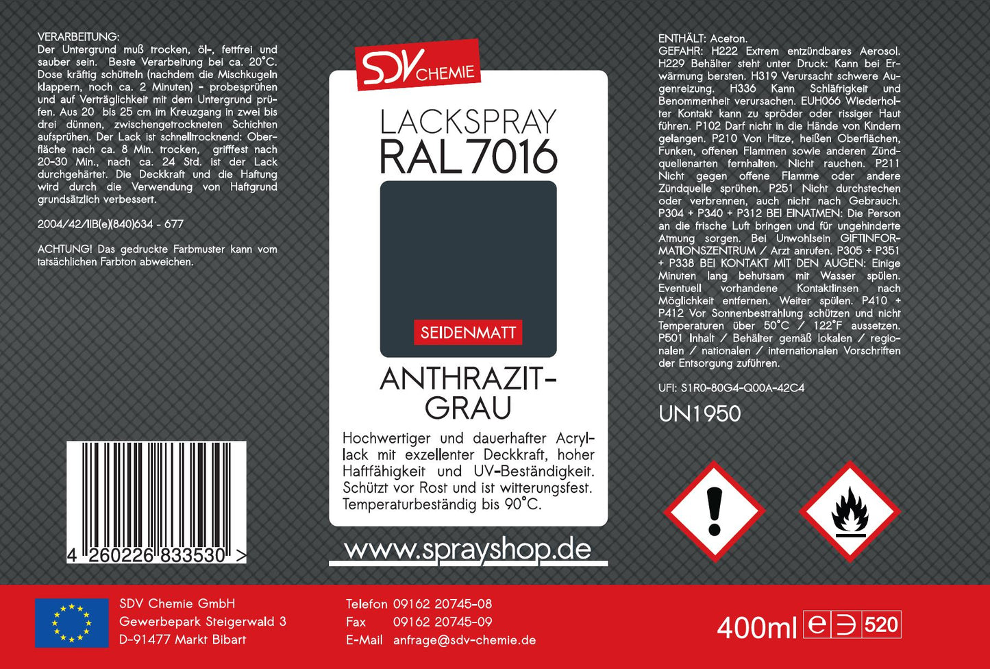 Lackspray RAL 7016 ANTHRAZITGRAU seidenmatt 400ml grau Acryllack Etikett