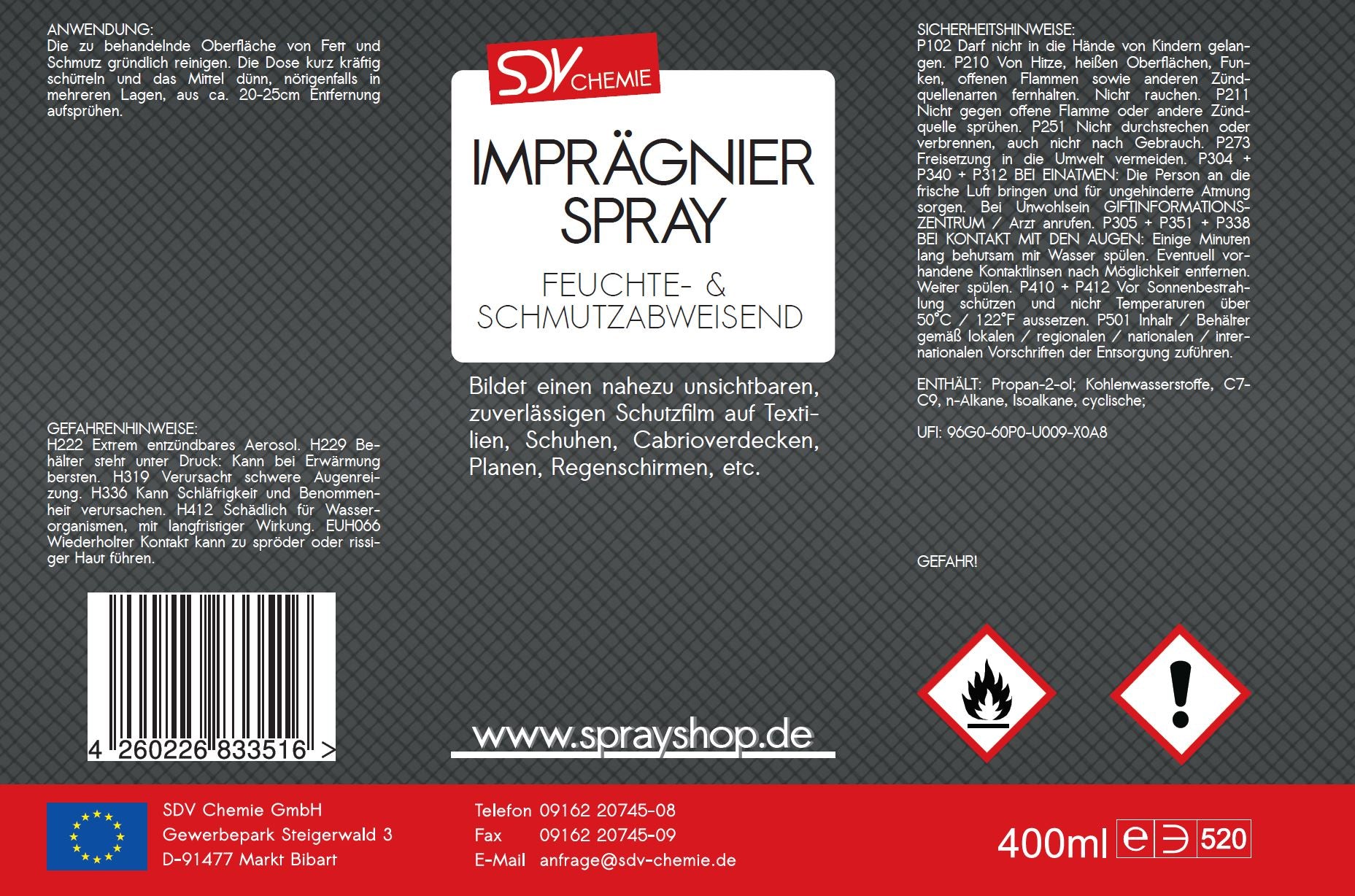 Imprägnierspray 400ml farblos Universal Imprägnierung Etikett