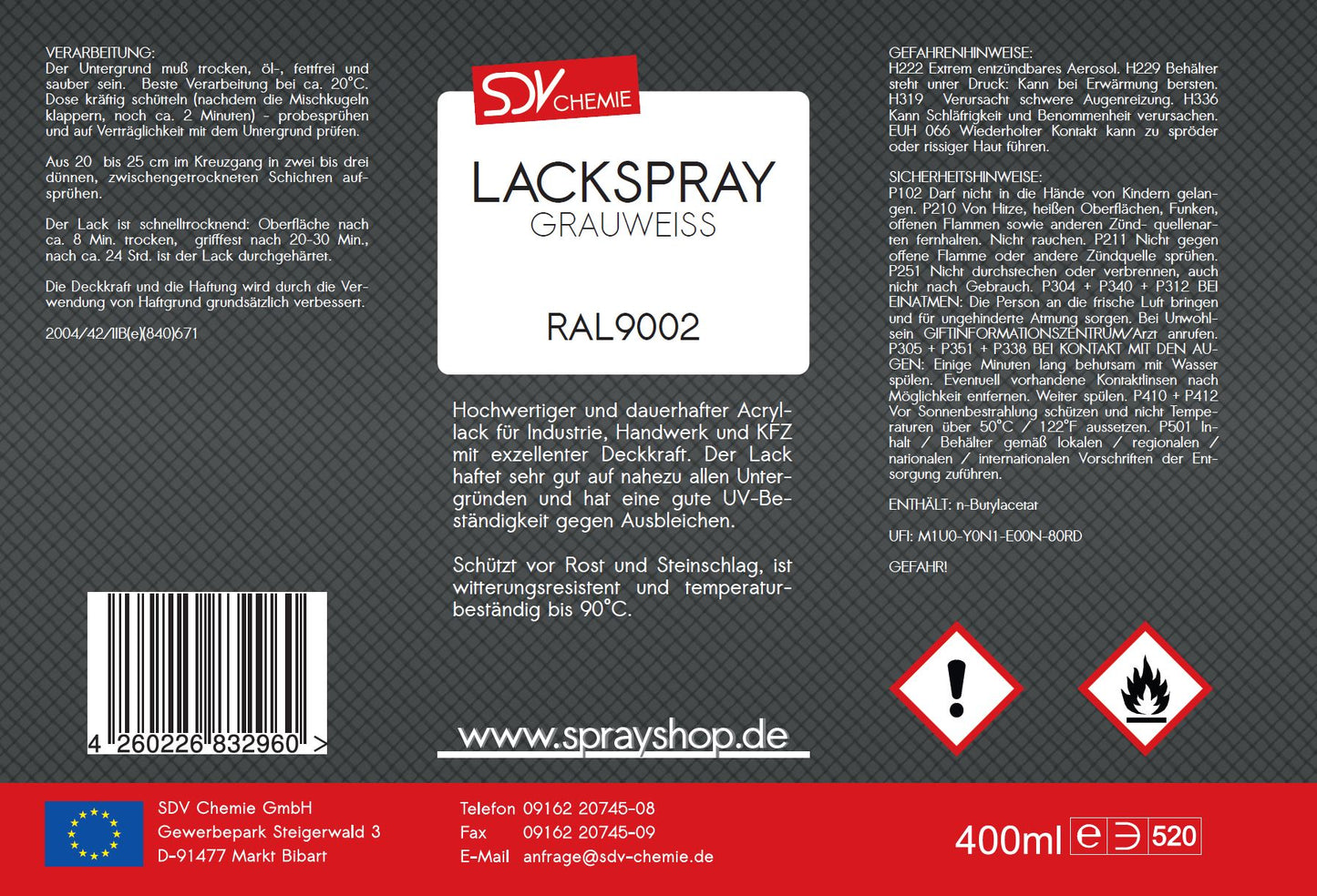 Lackspray RAL 9002 GRAUWEISS glänzend 400ml Acryllack Etikett