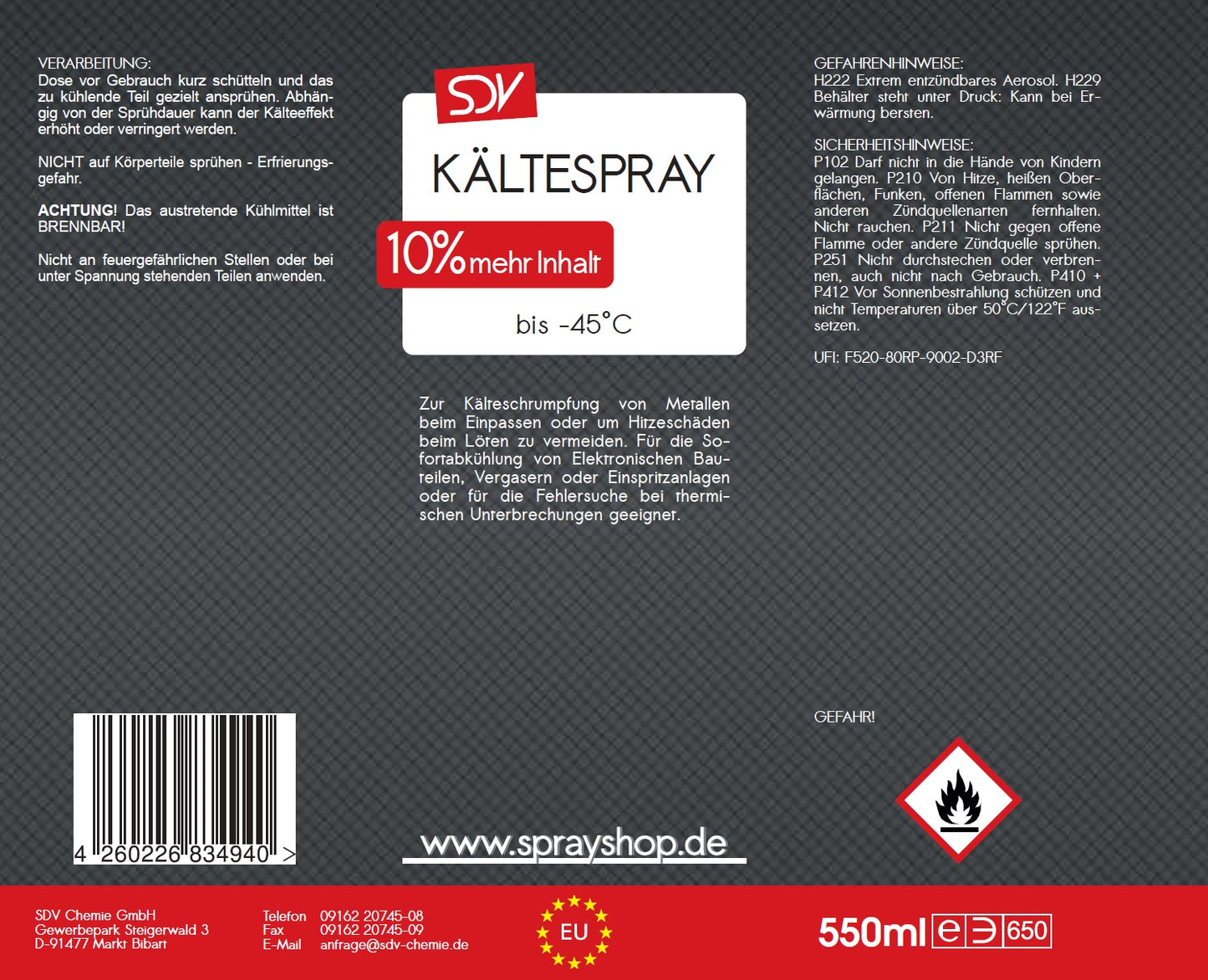 Kältespray 550ml Kühlspray Vereisungsspray Eisspray bis -45°C Etikett