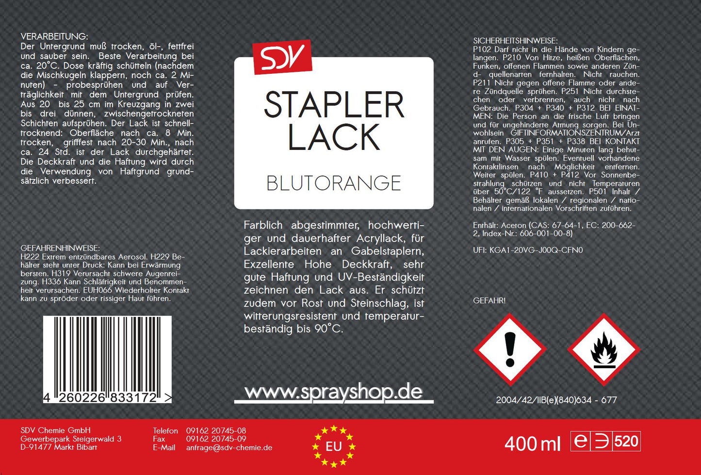 Staplerlack RAL 2002 blutorange glänzend 400ml Etikett