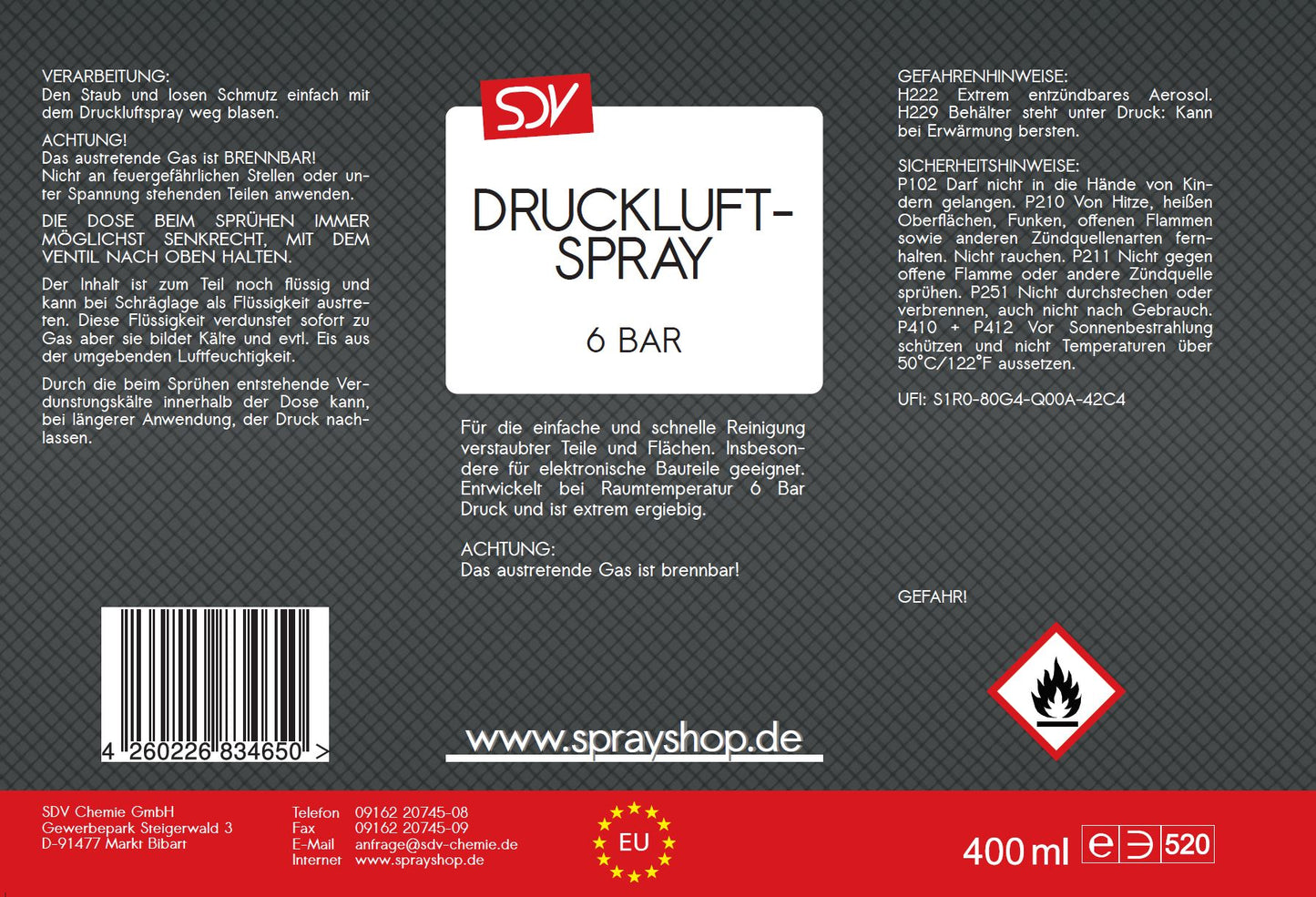 Druckluftspray 400ml Air Duster Druckluftreiniger Etikett