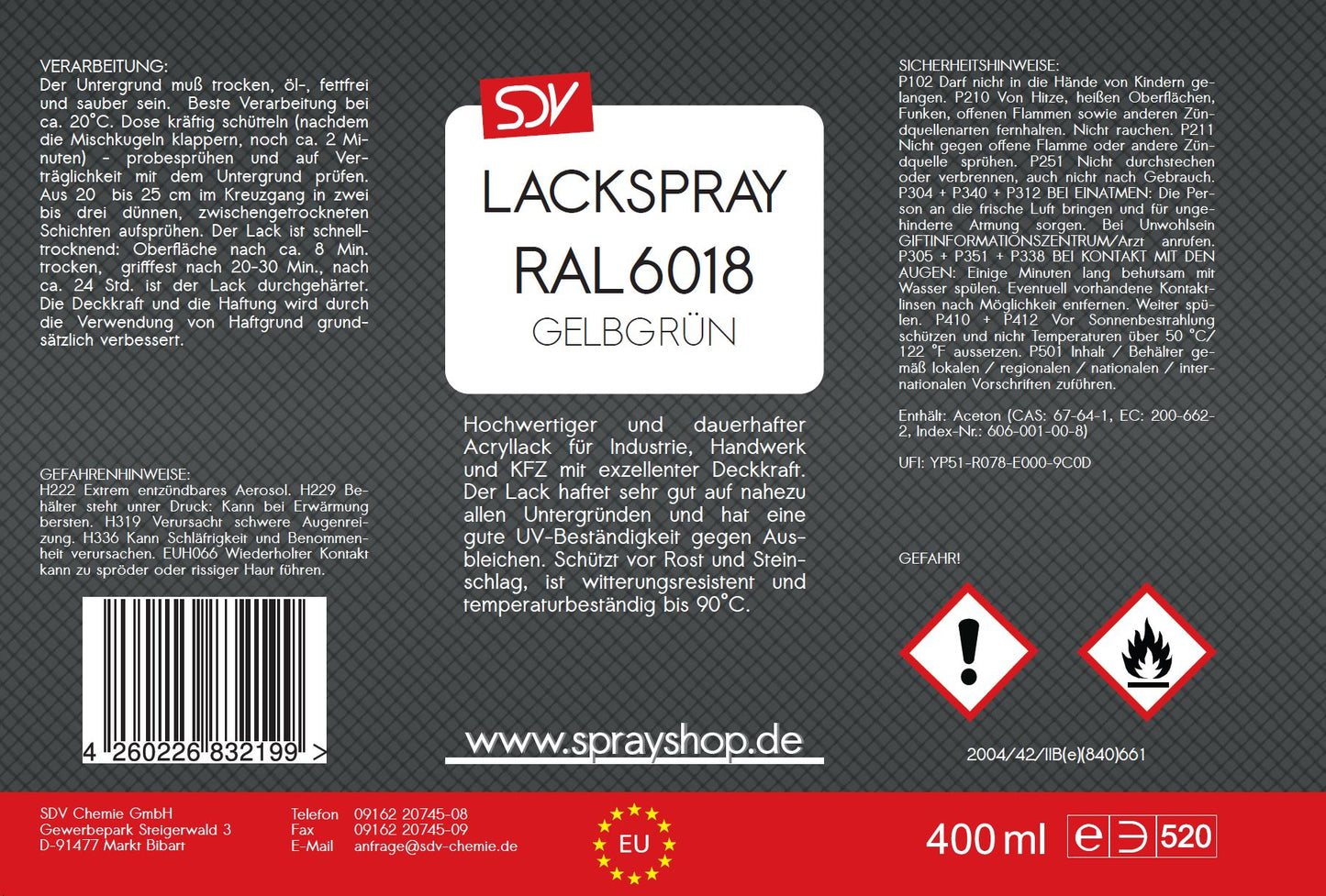 Lackspray RAL 6018 GELBGRÜN glänzend 6x 400ml Acryllack