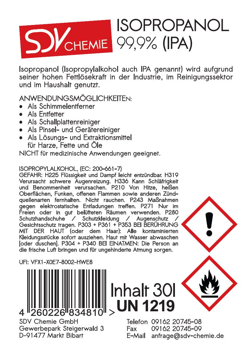 Isopropanol 1x 30 Liter Kanister mit DIN 61 Gewinde Etikett