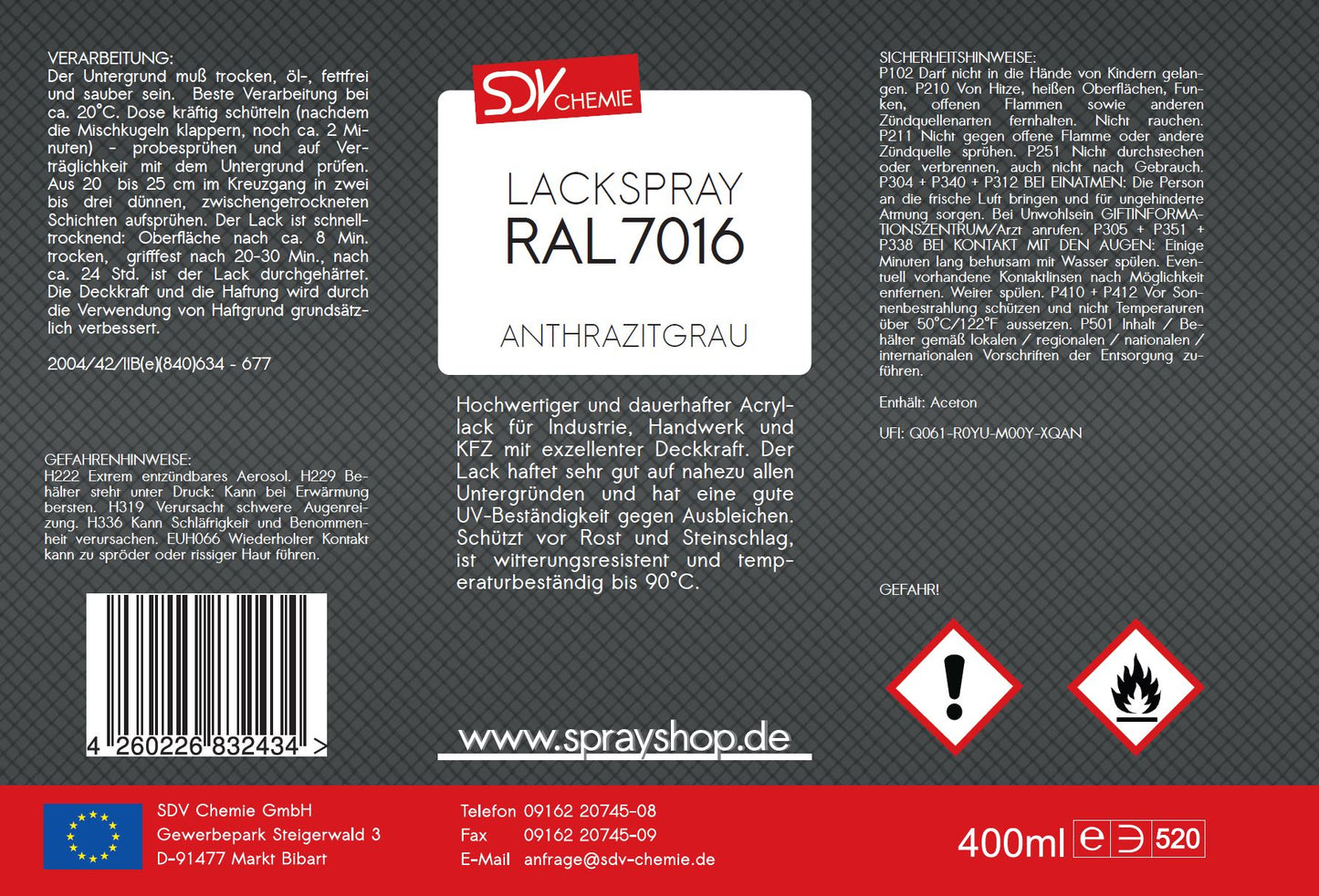 Lackspray RAL 7016 ANTHRAZITGRAU glänzend 400ml Acryllack Etikett