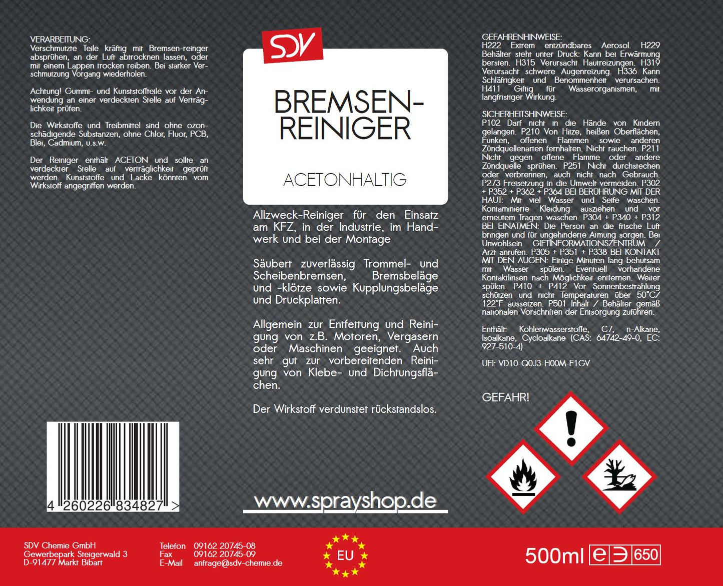 Bremsenreiniger mit Aceton Spray 500ml POWER Brake Cleaner 360° Ventil Etikett