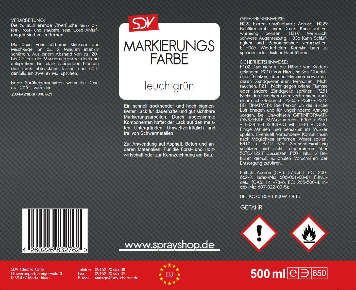 Markierungsfarbe leuchtgrün 500ml Markierspray Markierungsspray Etikett