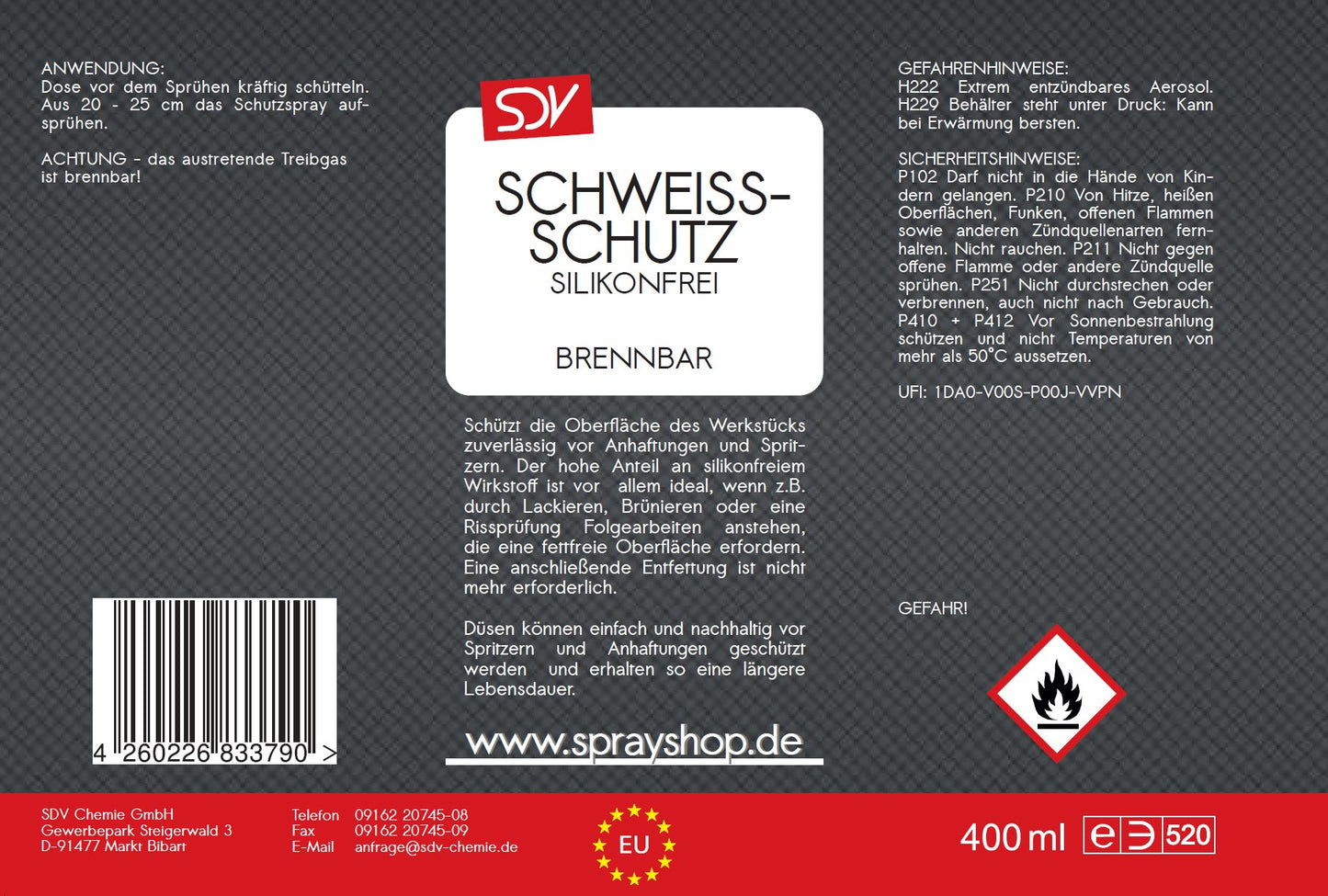 Schweißschutzspray 400ml Schweiss-Trennspray Schweißtrennmittel Etikett