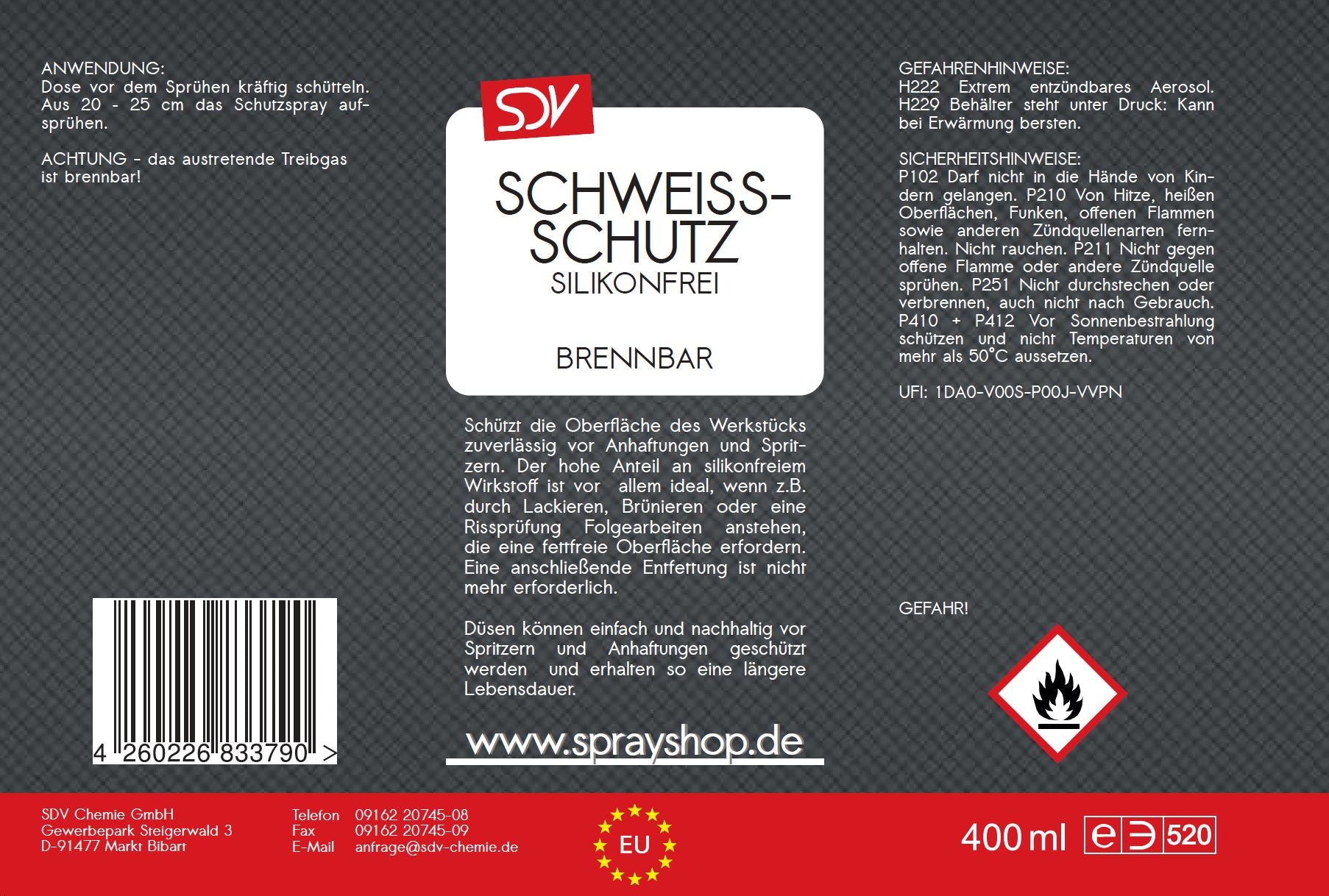 Schweißschutzspray 400ml Schweiss-Trennspray Schweißtrennmittel Etikett