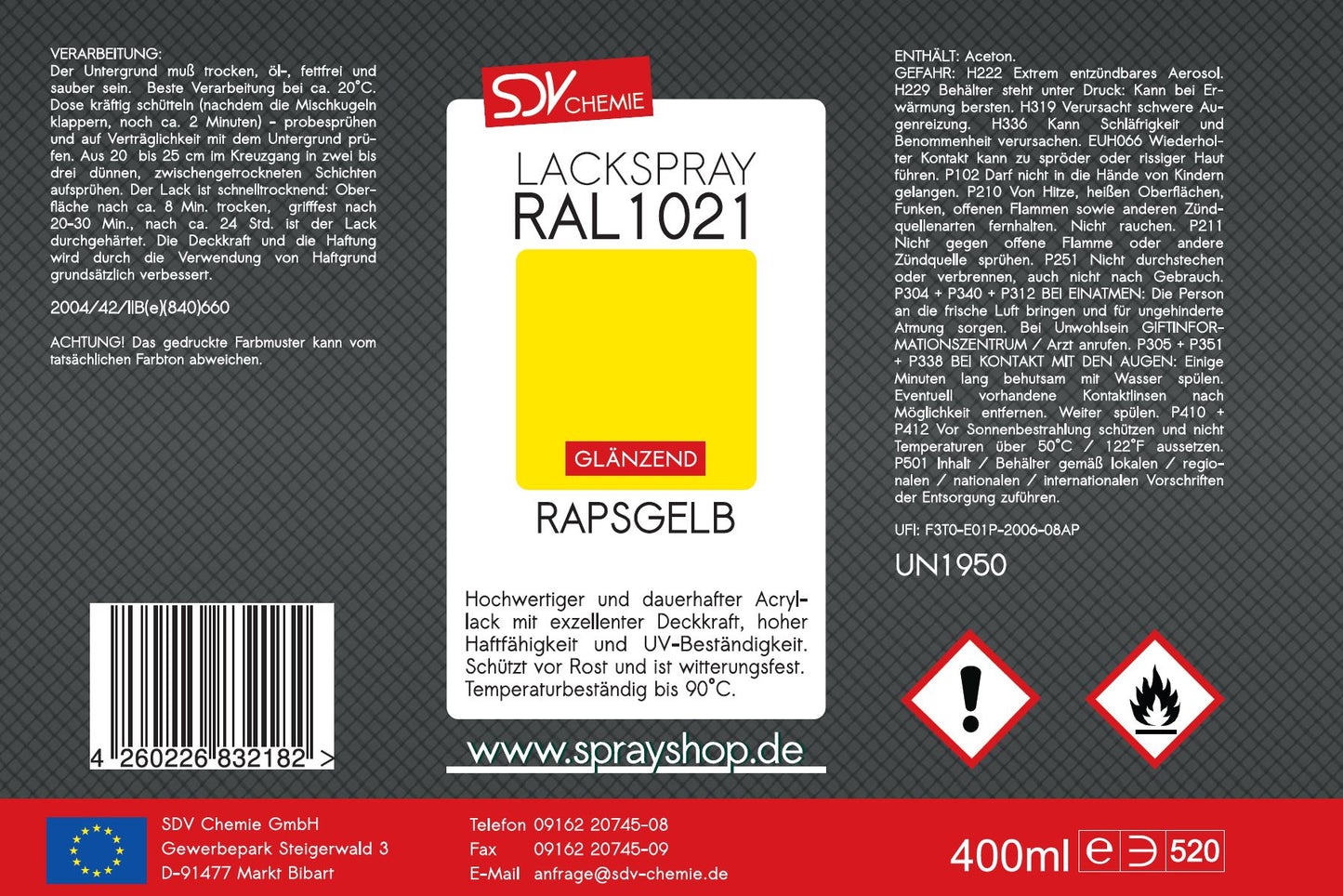 Lackspray RAL 1021 RAPSGELB glänzend 400ml Acryllack Etikett