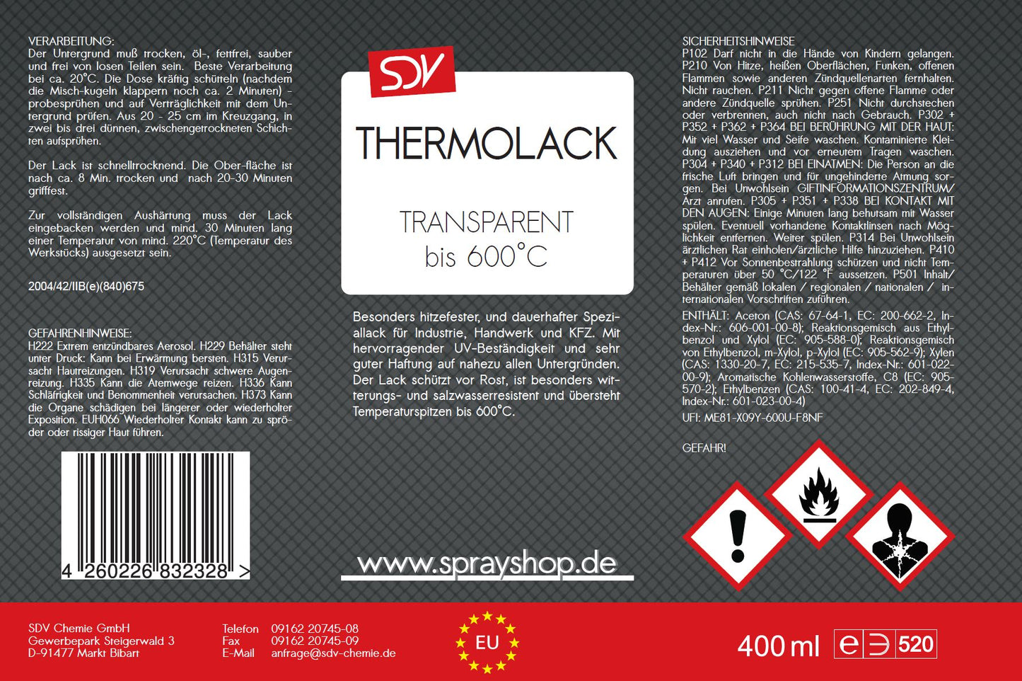 Thermolack transparent glänzend 600°C 400ml Klarlack Auspufflack Etikett