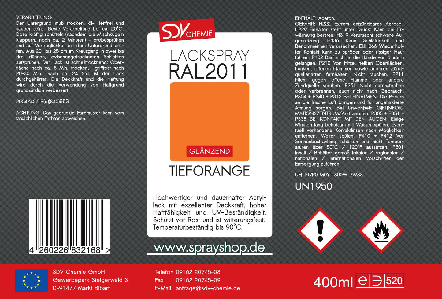 Lackspray RAL 2011 TIEFORANGE glänzend 400ml Acryllack Etikett