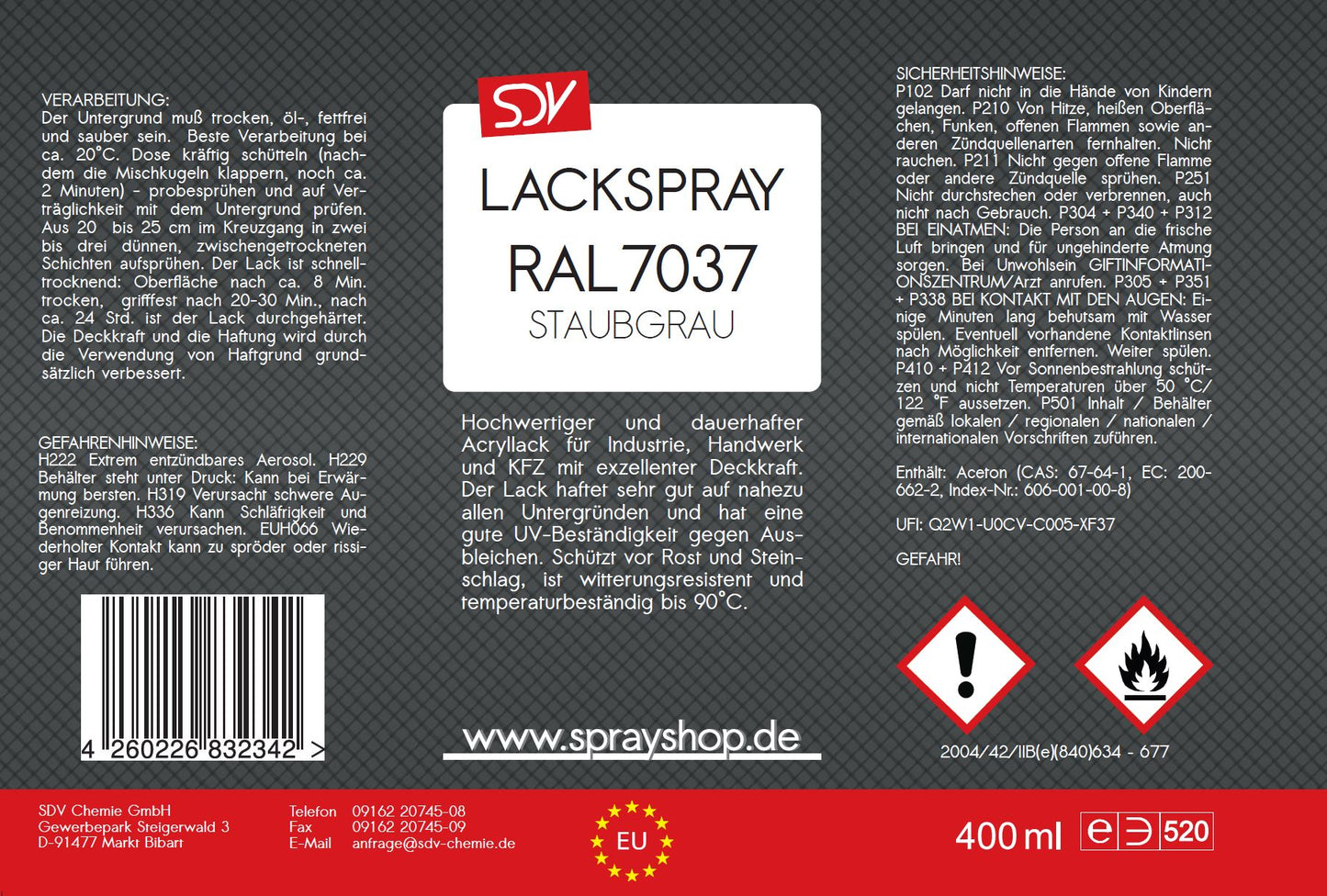 Lackspray RAL 7037 STAUBGRAU glänzend 400ml Acryllack Etikett