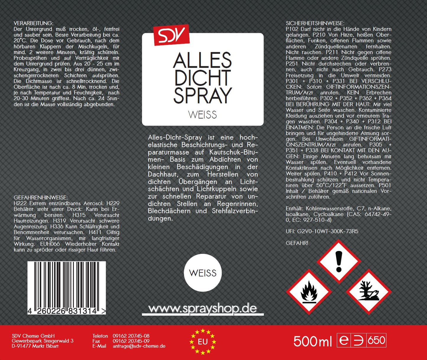 Allesdichtspray weiss 500ml Sprühdichtung Dichtungsspray Etikett