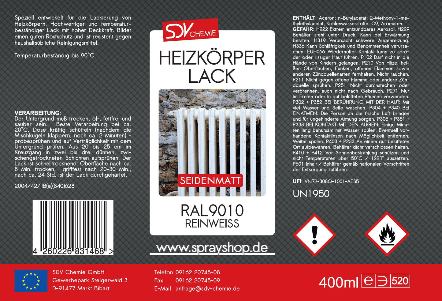 Heizkörperlack weiss seidenmatt 400ml RAL 9010 Radiator Etikett