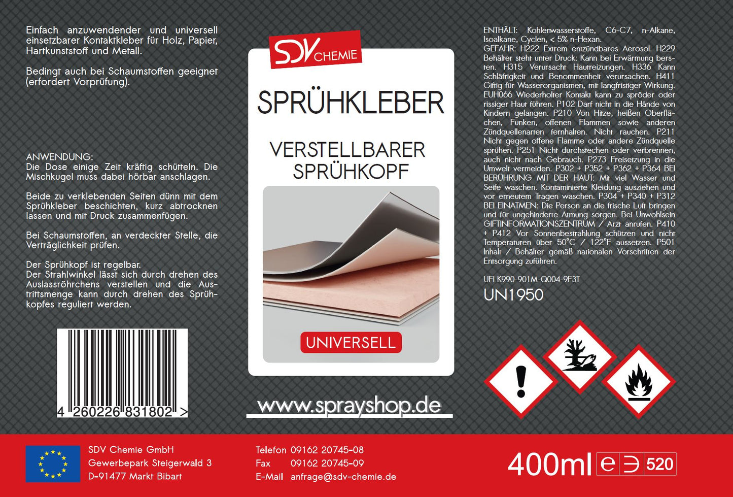 Sprühkleber 400ml Kontaktkleber Kleber Spray Haftkleber Etikett