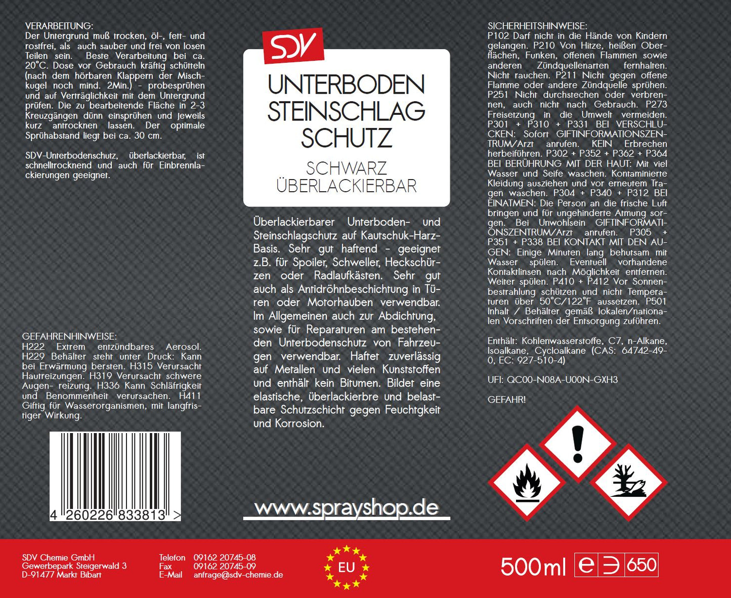Unterbodenschutz schwarz überlackierbar 500ml Etikett