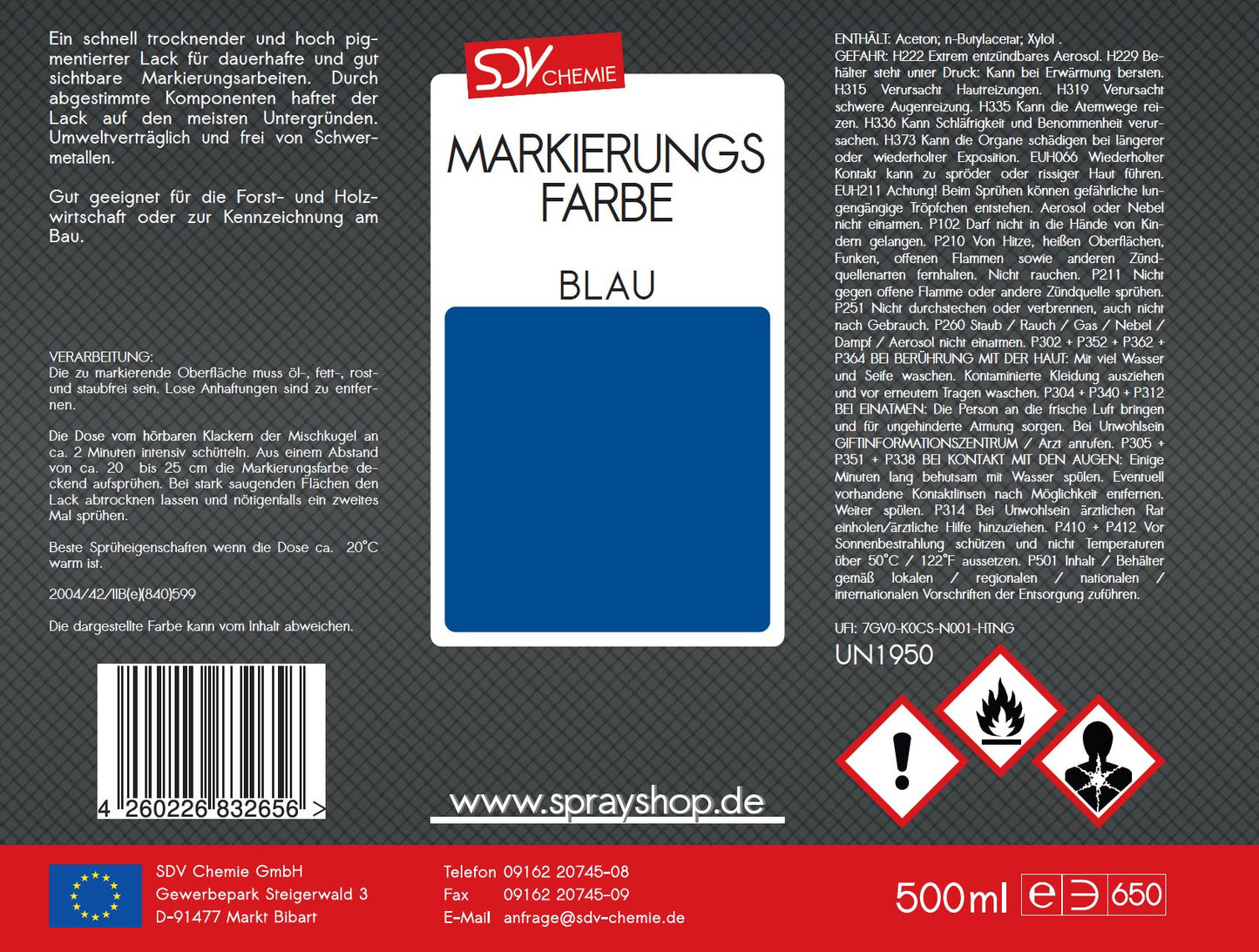 Markierungsfarbe blau 500ml Markierspray Markierungsspray Etikett