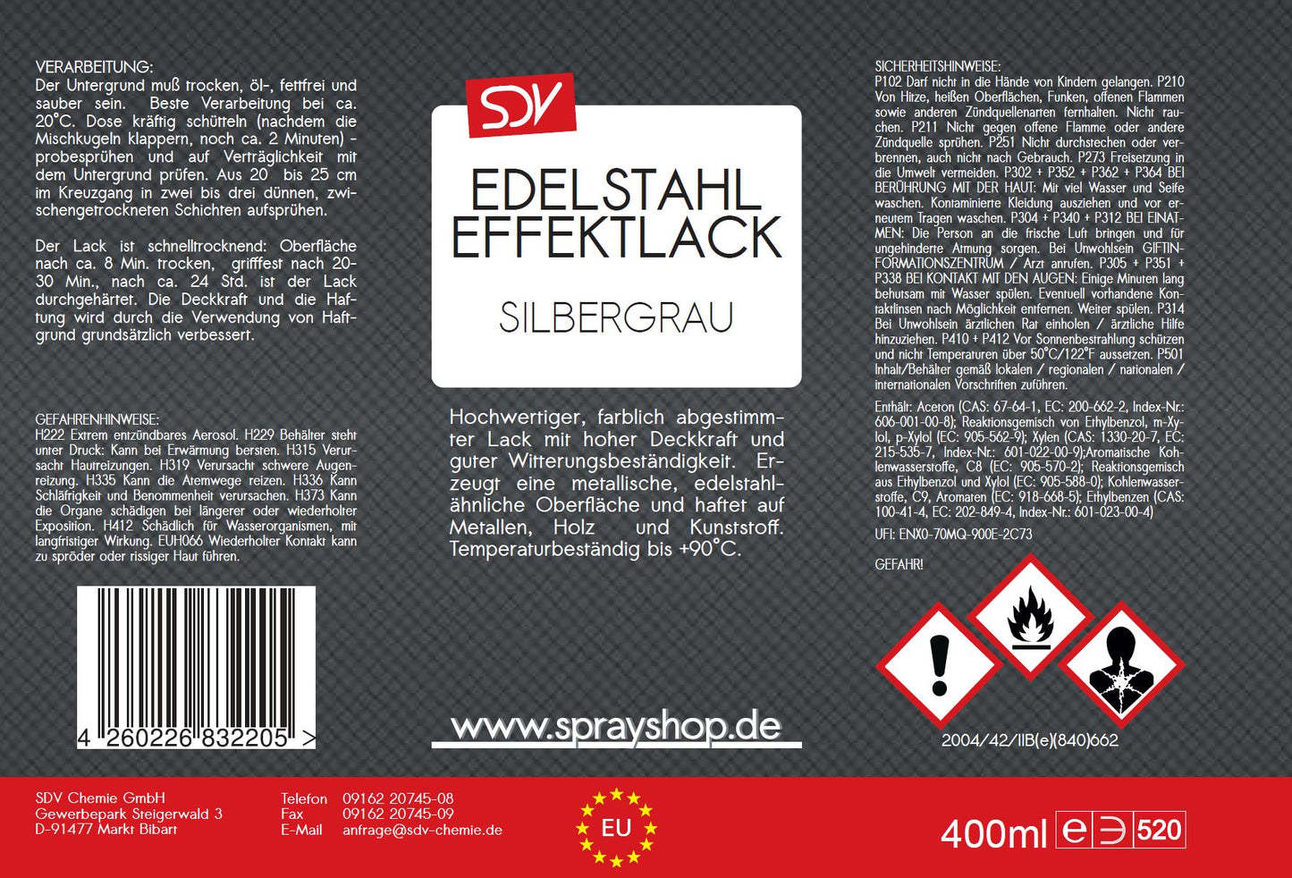 Edelstahl Effektlackspray 400ml Edelstahllack Metall Silbergrau Etikett