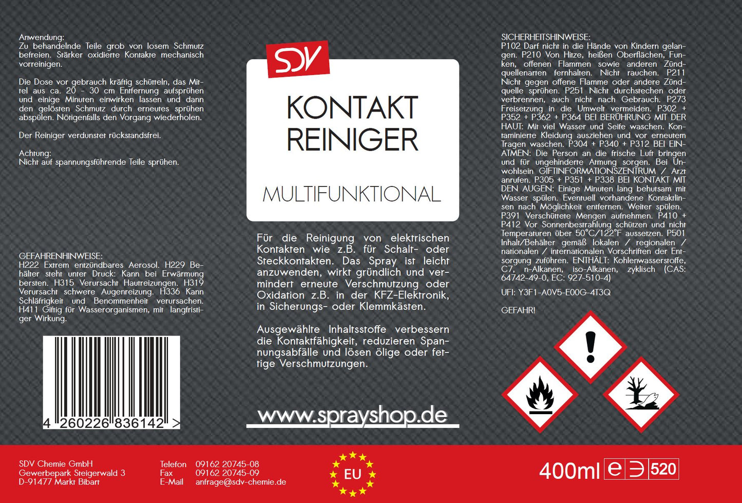 Kontaktreiniger 400ml Elektronikreiniger Elektrospray Kontaktspray Etikett