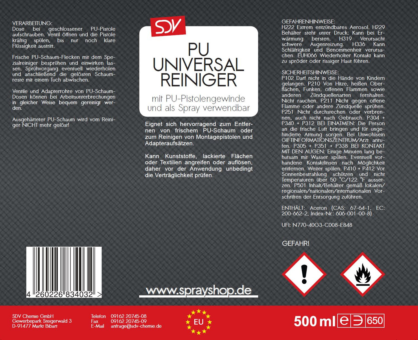 PU Universal Schaum Reiniger 500ml NBS Pistolen Reiniger Etikett