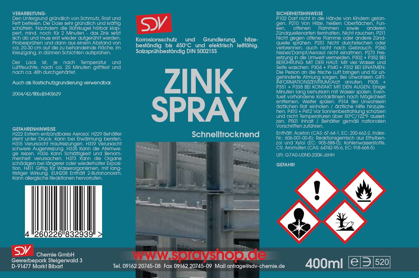 Zinkspray 400ml Zinkstaub Rostschutz Grundierung Etikett