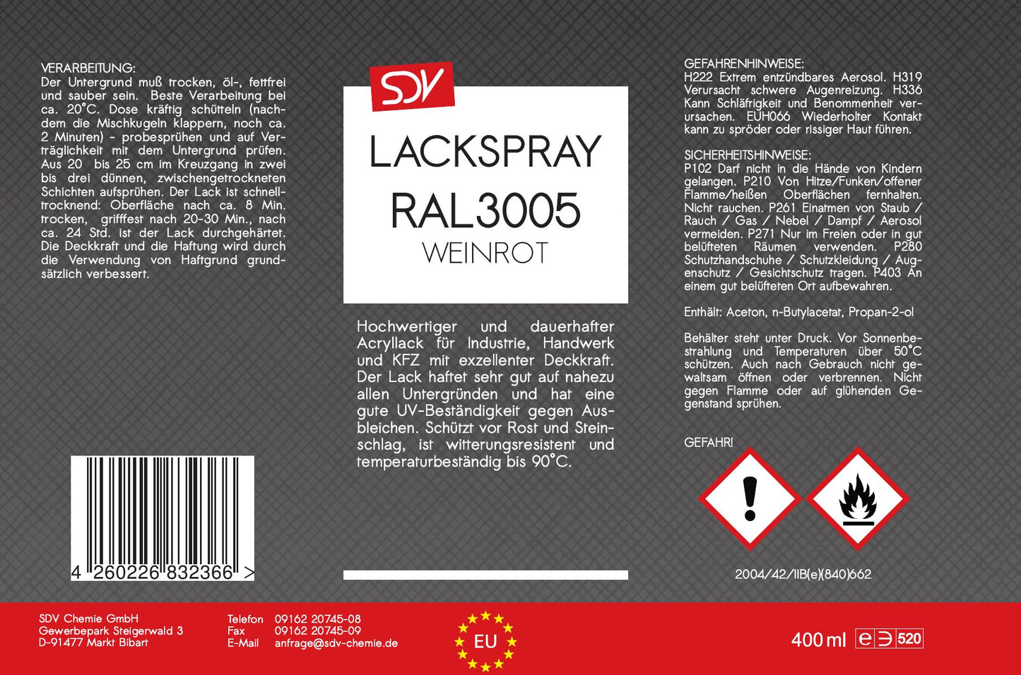 Lackspray RAL 3005 WEINROT glänzend 12x 400ml Acryllack