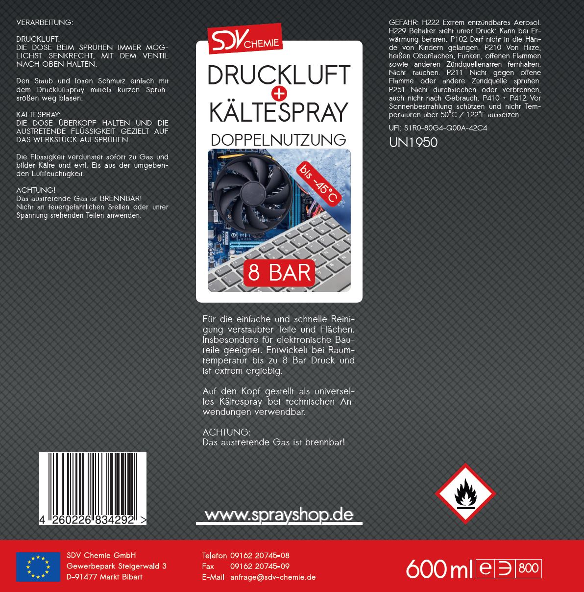 Druckluft- u. Kältespray 1x 600ml Druckluftreiniger Eis Kühl Spray
