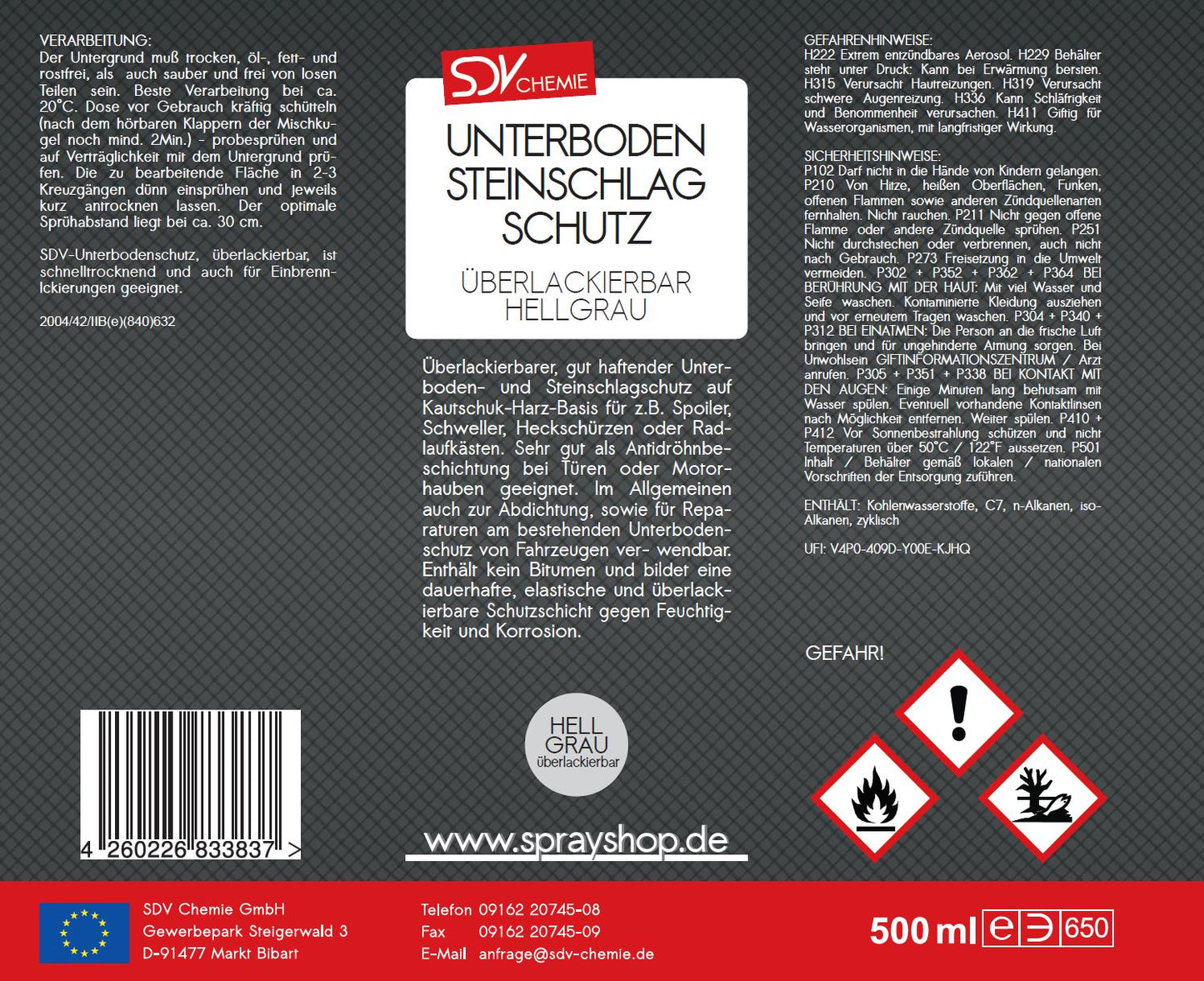 Unterbodenschutz grau überlackierbar 500ml UBS Steinschlagschutz Etikett