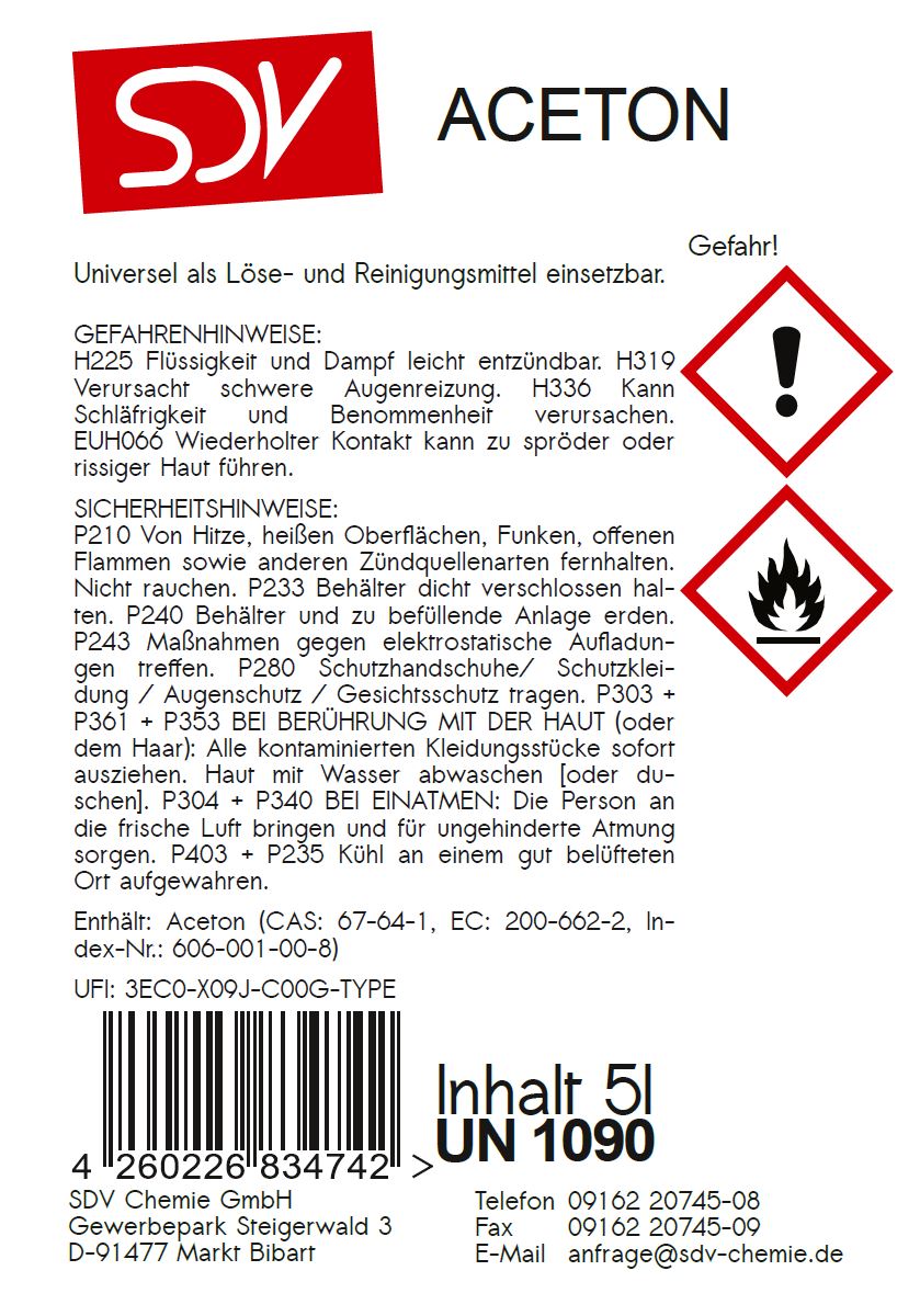 Aceton 1x 5 Liter Kanister mit DIN 51 Gewinde 5L