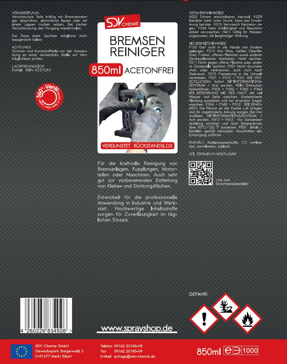 Bremsenreiniger Spray 850ml POWER Brake Cleaner 360° Ventil Etikett