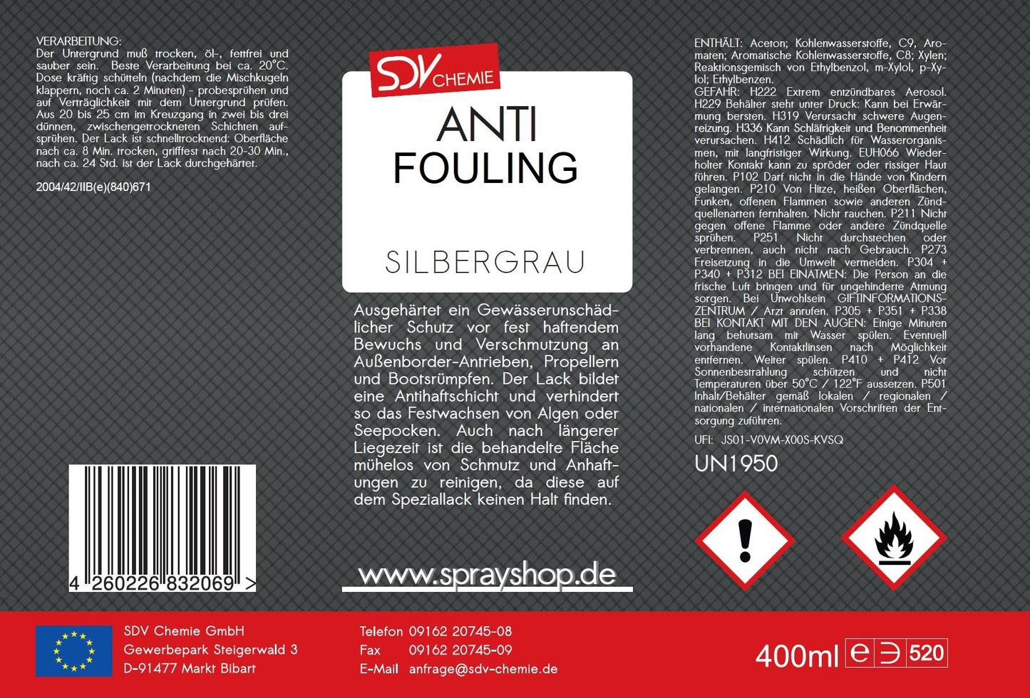 Antifouling silbergrau 400ml für Propeller Aussenborder Etikett