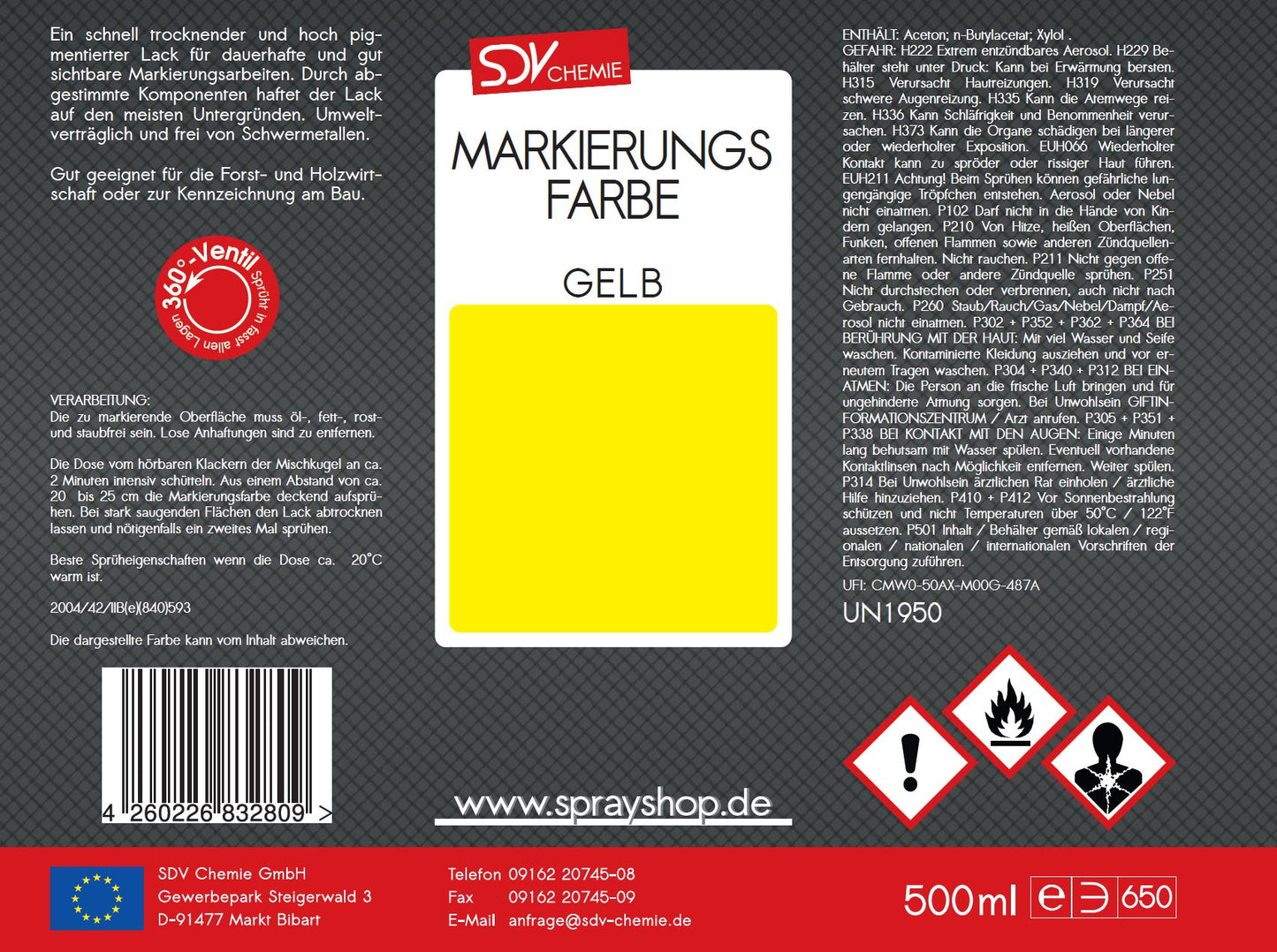 Markierungsfarbe leuchtgelb 500ml Markierspray Markierungsspray Etikett
