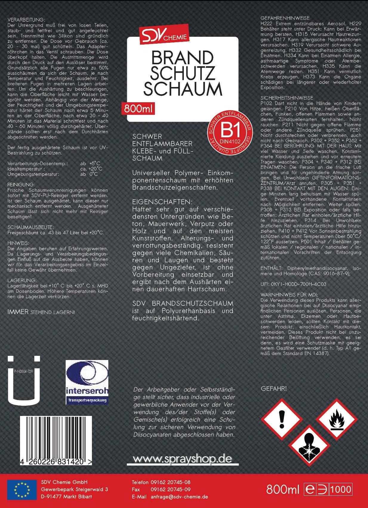 Brandschutzschaum 800ml B1 Montageschaum Bauschaum Etikett