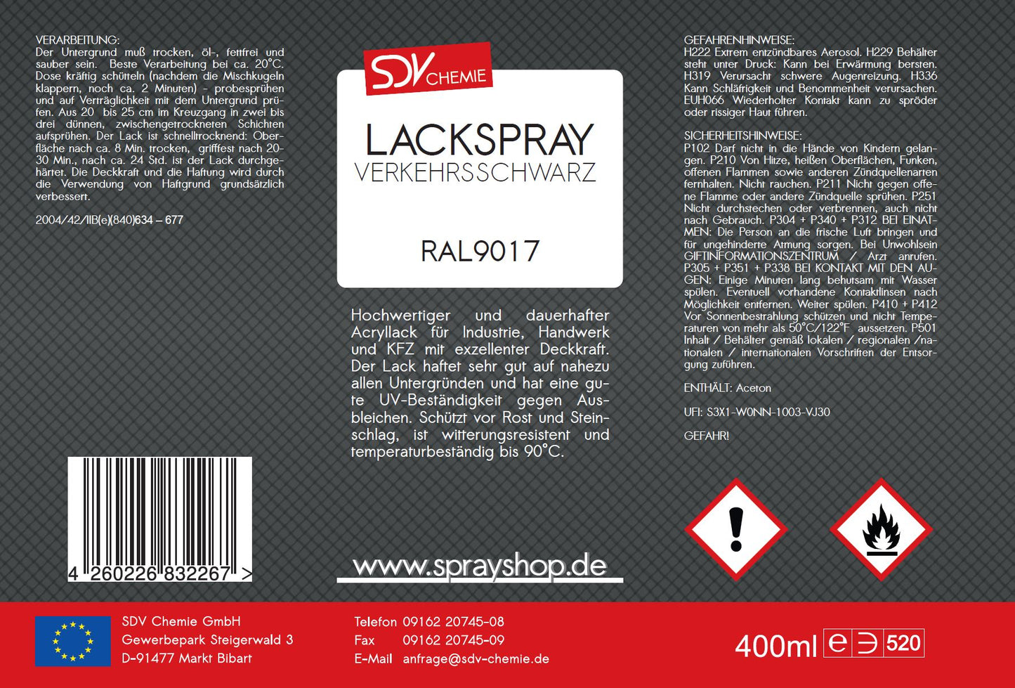 Lackspray RAL 9017 VERKEHRSSCHWARZ glänzend 400ml Acryllack Etikett