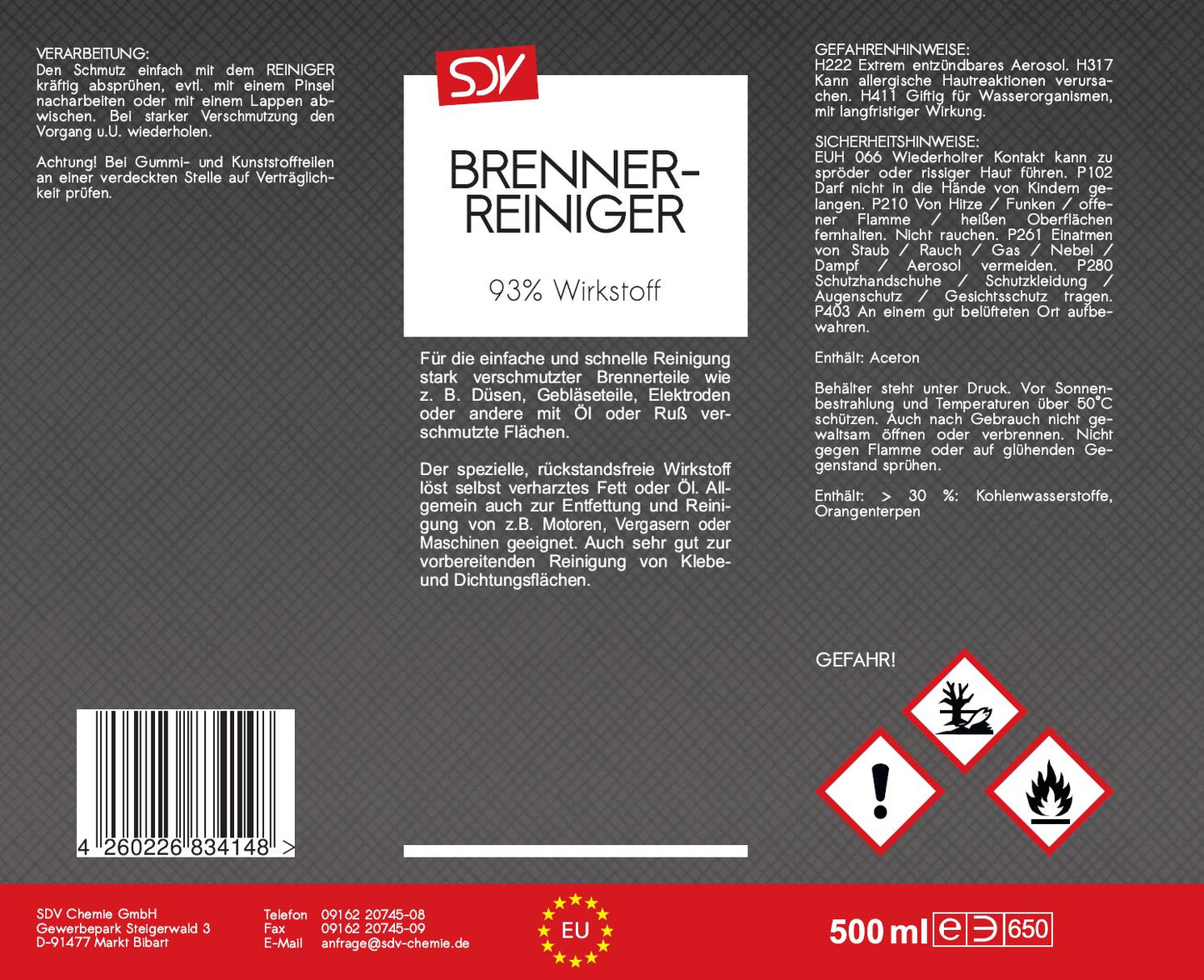 Brennerreiniger 500ml Kesselreiniger Heizkessel Ölkesselreiniger Etikett