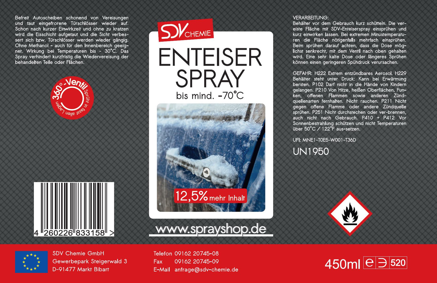 Enteiserspray 1x 450ml Scheibenenteiser Eisfrei Entfrosterspray
