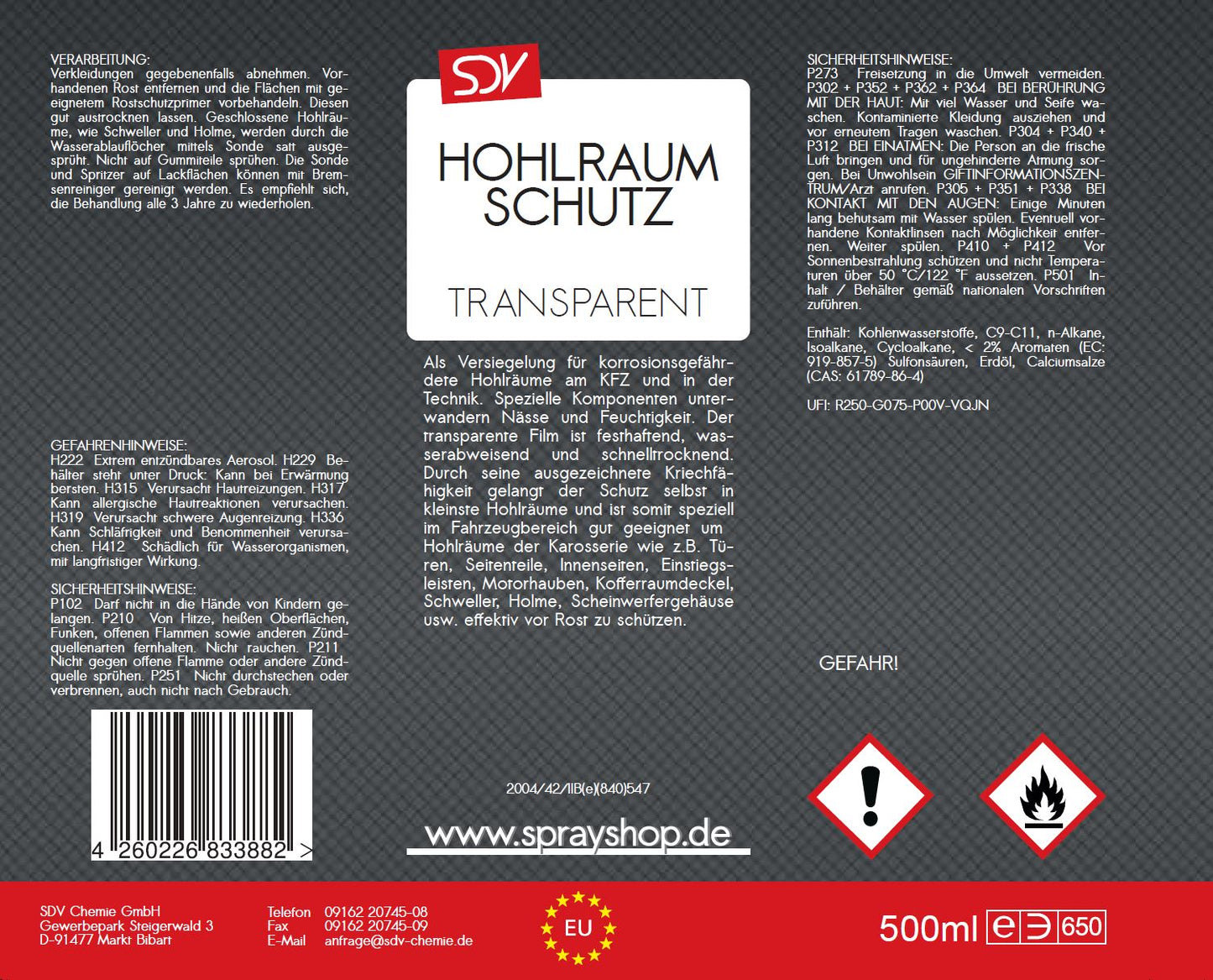 Hohlraumschutz transparent 500ml + 60cm Sonde Hohlraumspray Etikett