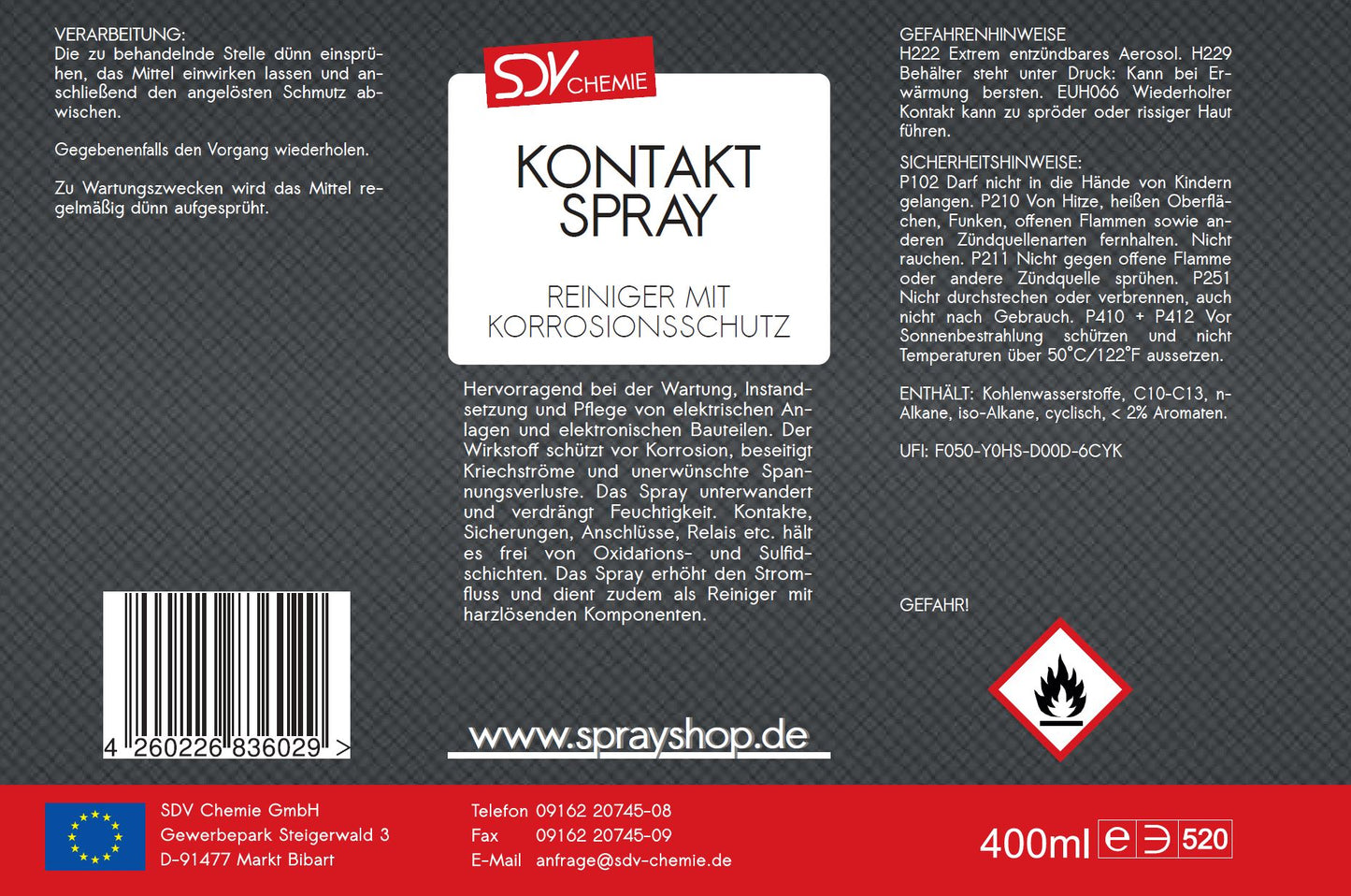 Kontaktspray 400ml Elektronikspray Korrosionsschutz Elektrospray Etikett